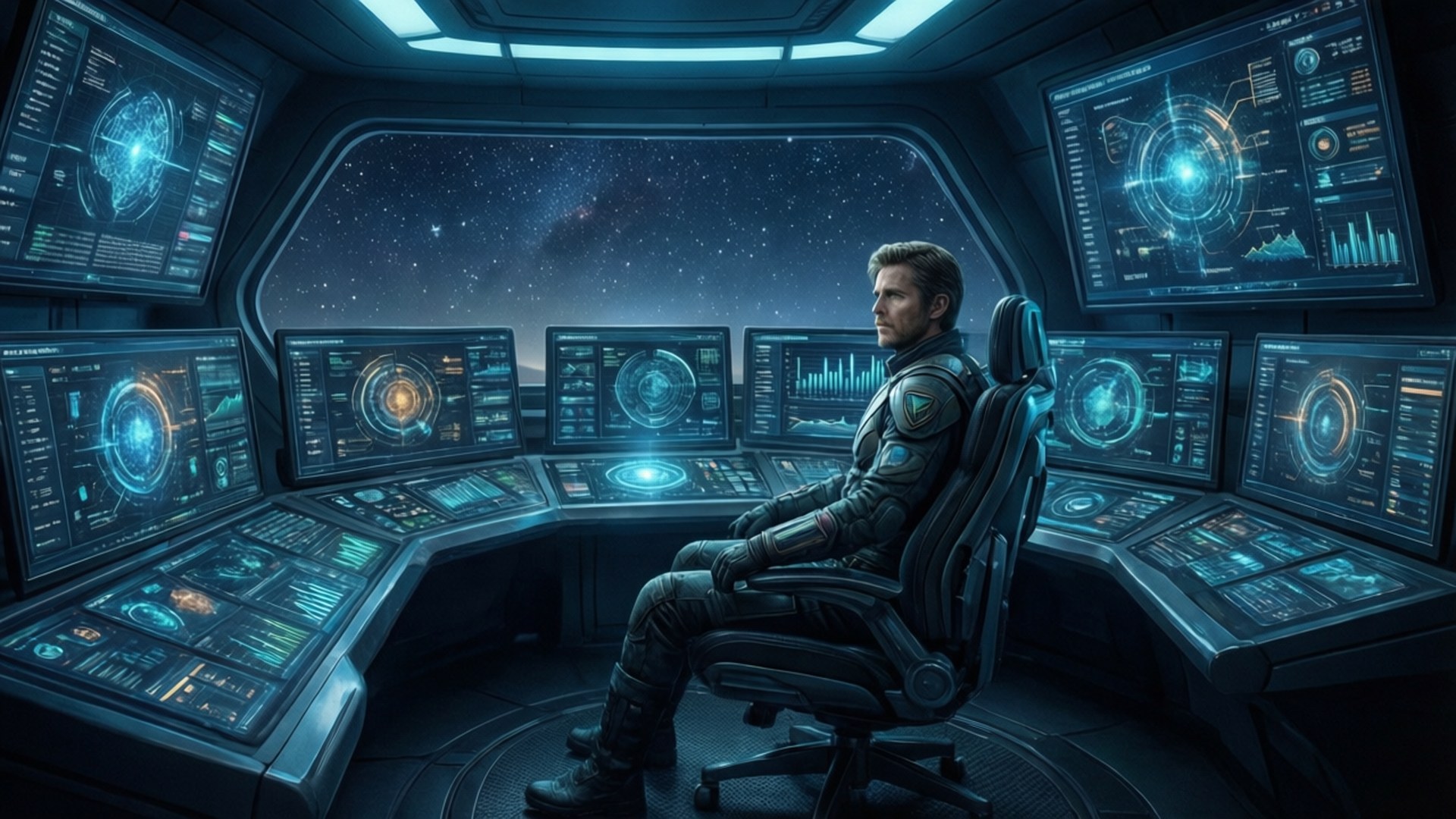 Starship Control Room 壁紙 — 一名孤獨的太空人坐在未來太空船駕駛艙中，周圍環繞著發光的藍色全息顯示器和星空景觀。
