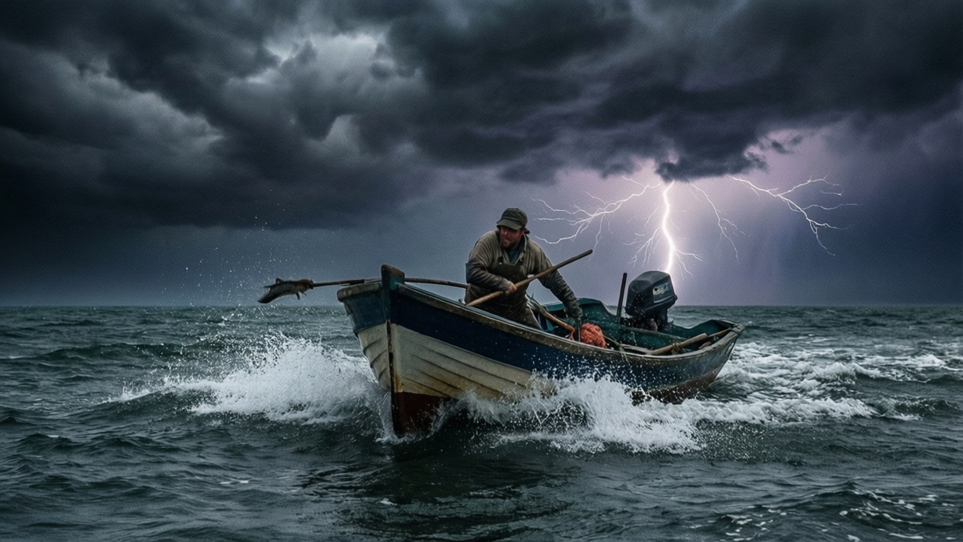 Fishing Boat Storm 壁紙 — 一名孤獨的漁夫在小船上與洶湧的大海搏鬥，閃電在暴風雨的天空下劃過。