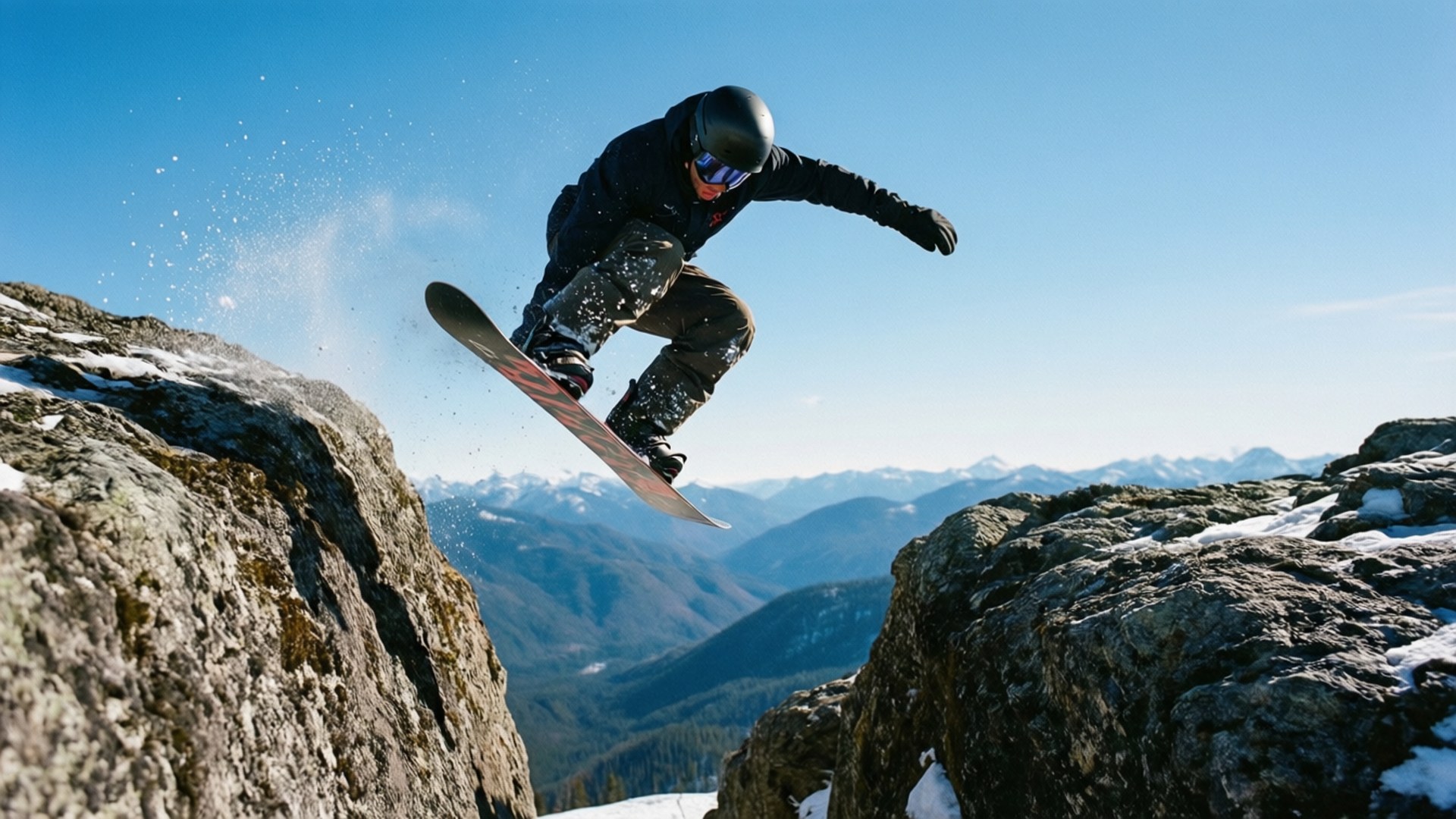 Gap Jump 壁紙 — 一名滑雪板運動員在岩石露頭之間跳躍，雪花在清澈的藍天下飛濺。