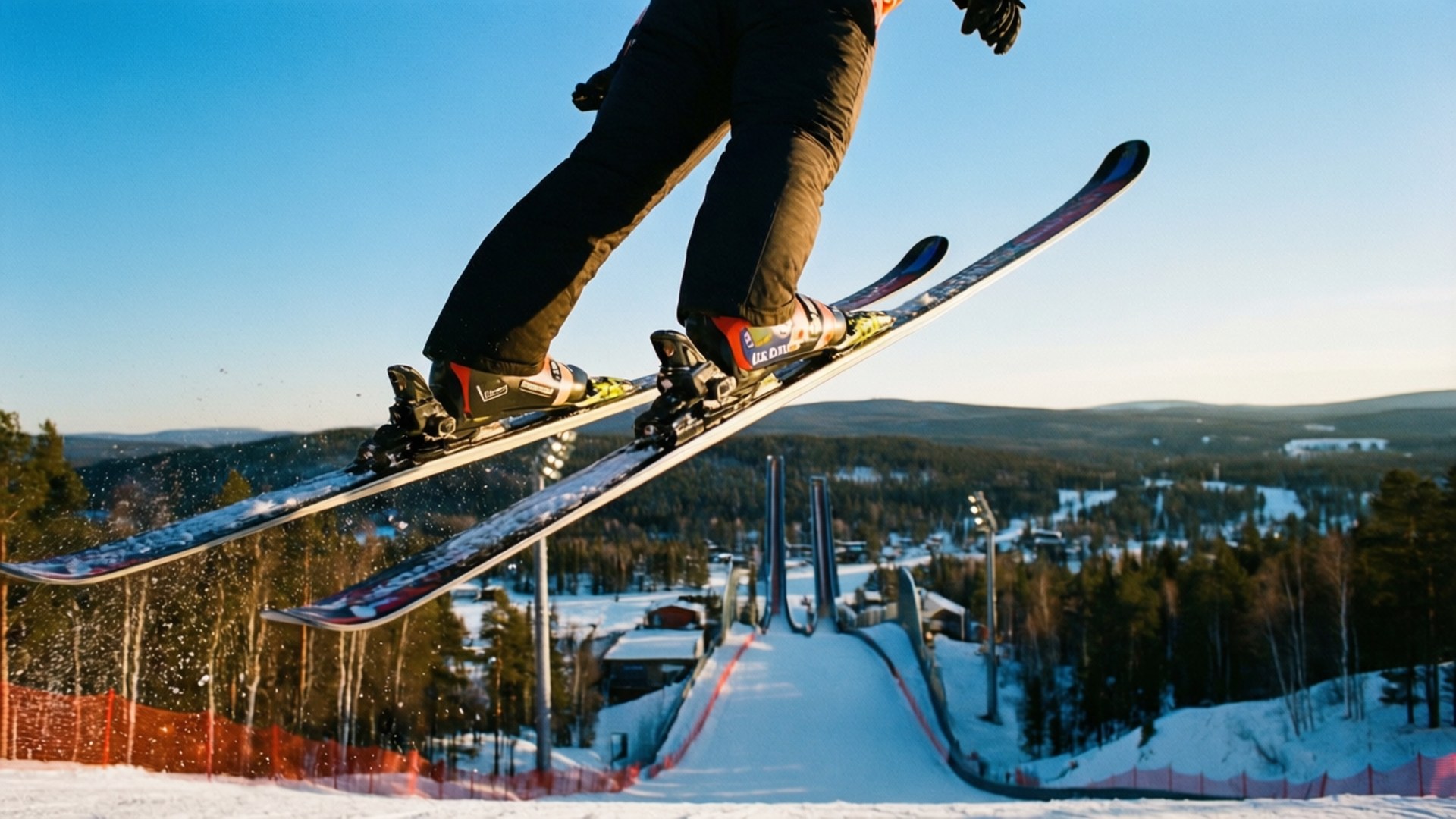 Lillehammer 桌布 壁紙 — 一名滑雪運動員在清爽的冬日空氣中飛翔，下方是白雪覆蓋的滑雪跳台、樹木繁茂的山丘和清澈的藍天。