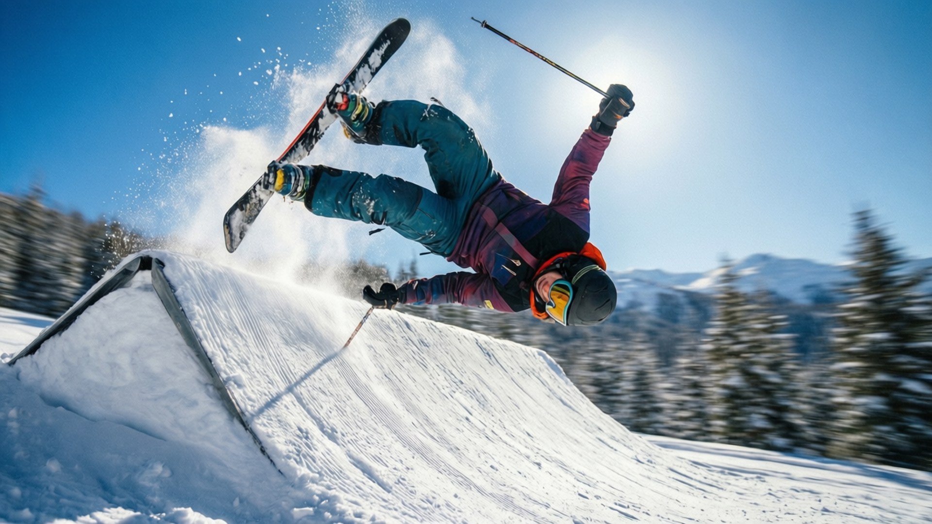 Slopestyle 桌布 壁紙 — 一名滑雪者在雪坡上做出動態空中翻騰，背景是明亮的藍天和積雪的山脈。