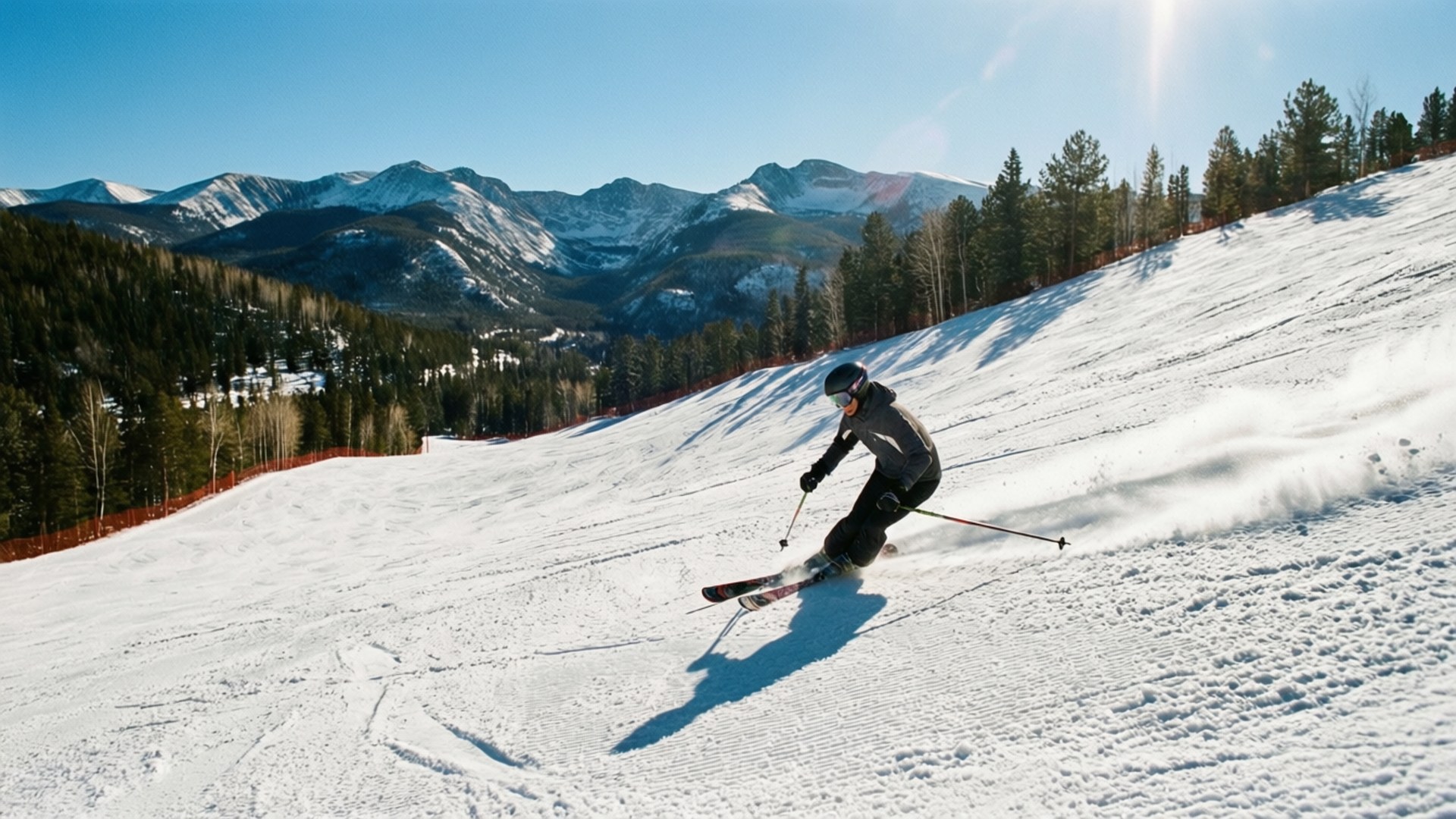 Breckenridge Powder Run 壁紙 — 一名滑雪者在陽光明媚的斜坡上劃過新鮮的粉雪，背景是白雪覆蓋的山脈和常青樹。