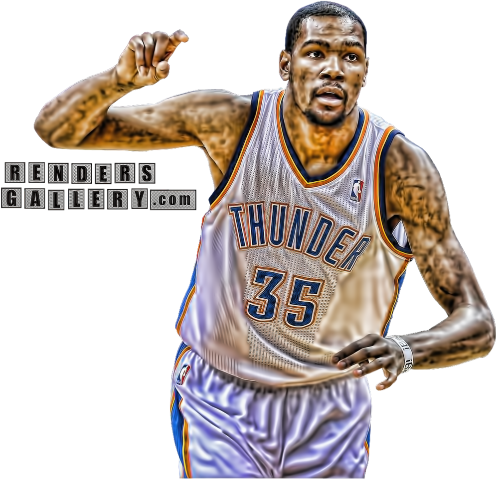 身穿雷霆隊35號球衣的籃球運動員充滿力量地向前指。 — NBA 壁紙