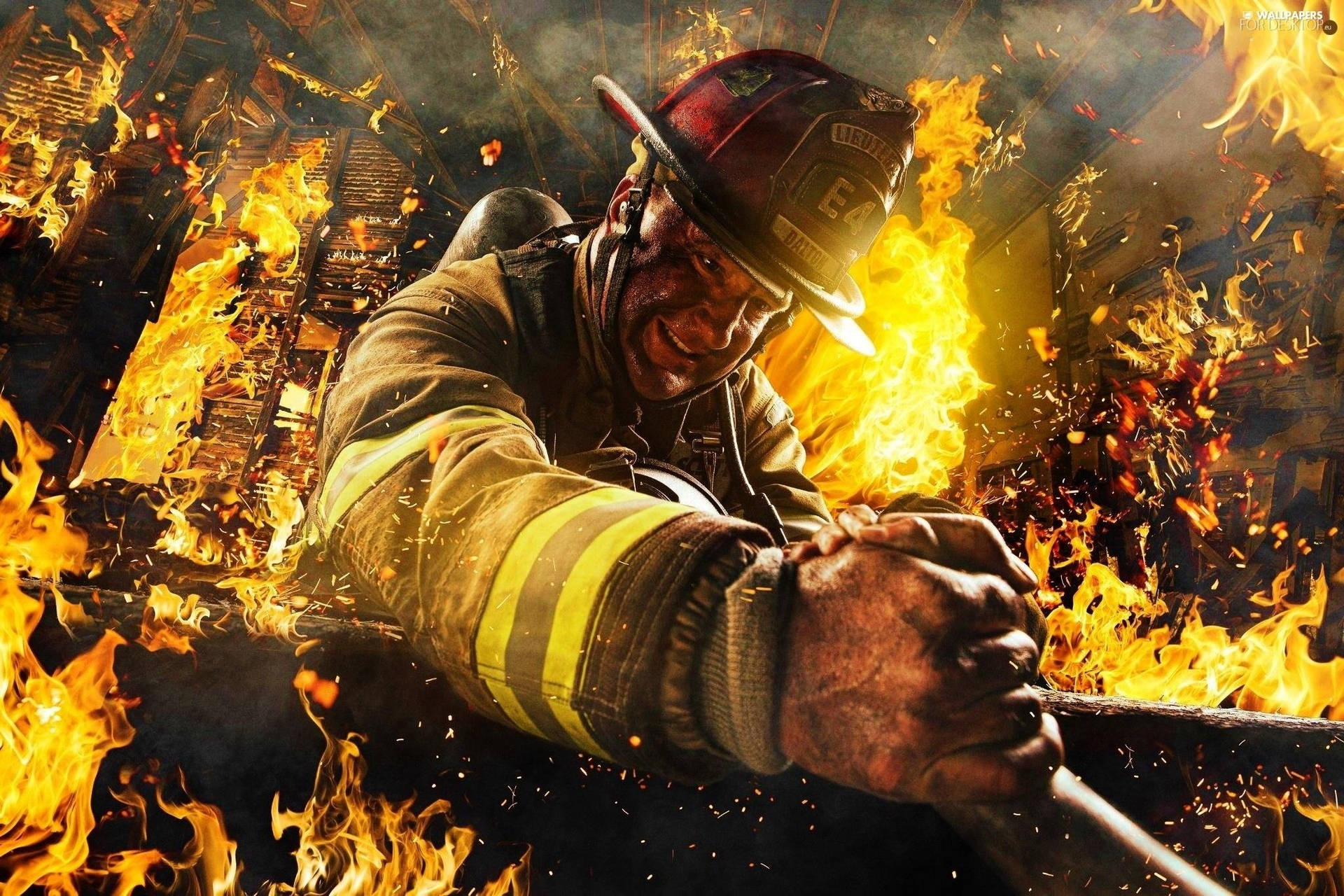 消防員在燃燒建築物中用消防水帶撲滅火焰 — Free Fire 壁紙