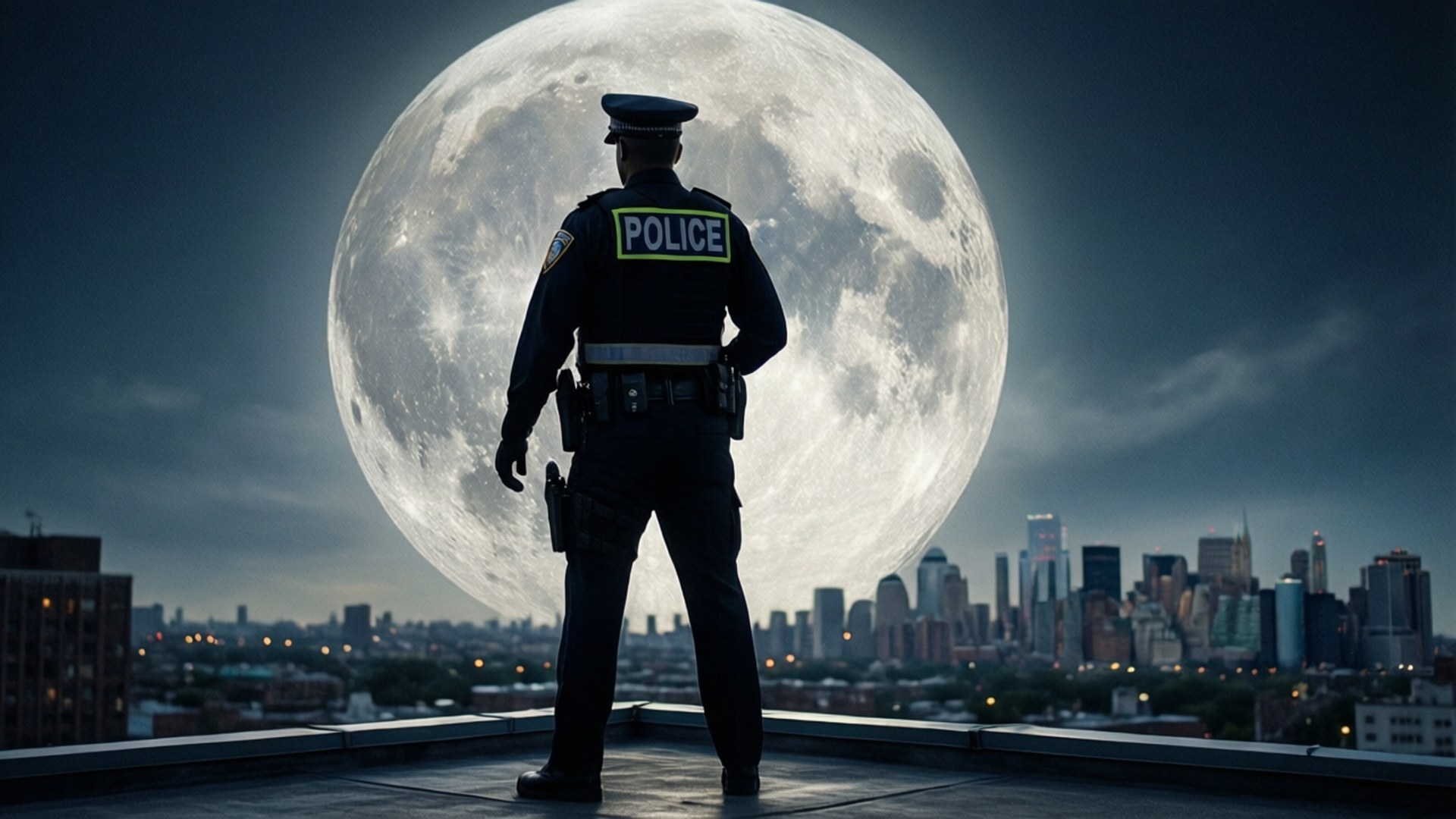 Guardian of the Night 壁紙 — 一名警察站在屋頂上，俯瞰著巨大滿月下的城市天際線。