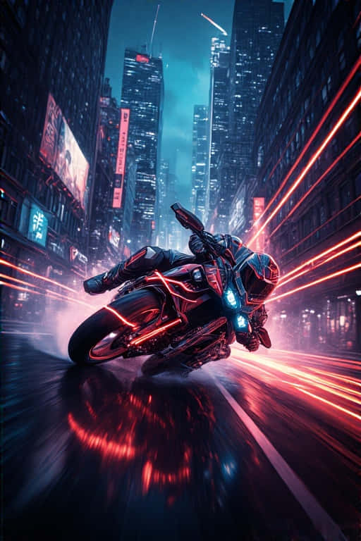機車騎士在夜間飛馳於霓虹燈照耀的街道 — 4K 壁紙