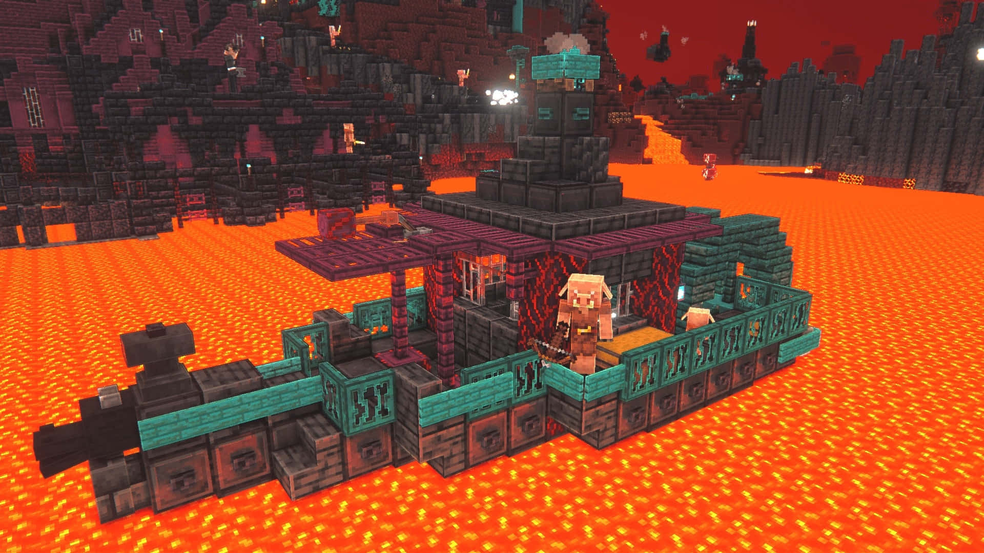  壁紙 — 一名Minecraft玩家站在一個漂浮在地獄岩漿海上的堡壘上，背景有鋸齒狀的黑色岩石形成。