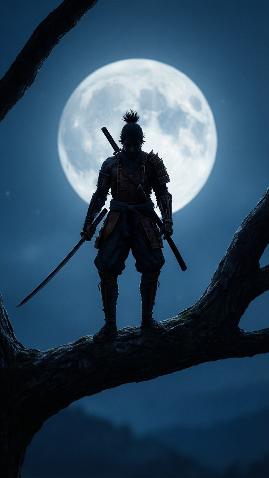 隻狼 桌布 壁紙 — 一名武士戰士站在彎曲的樹枝上，以剪影形式映襯著巨大的發光滿月。