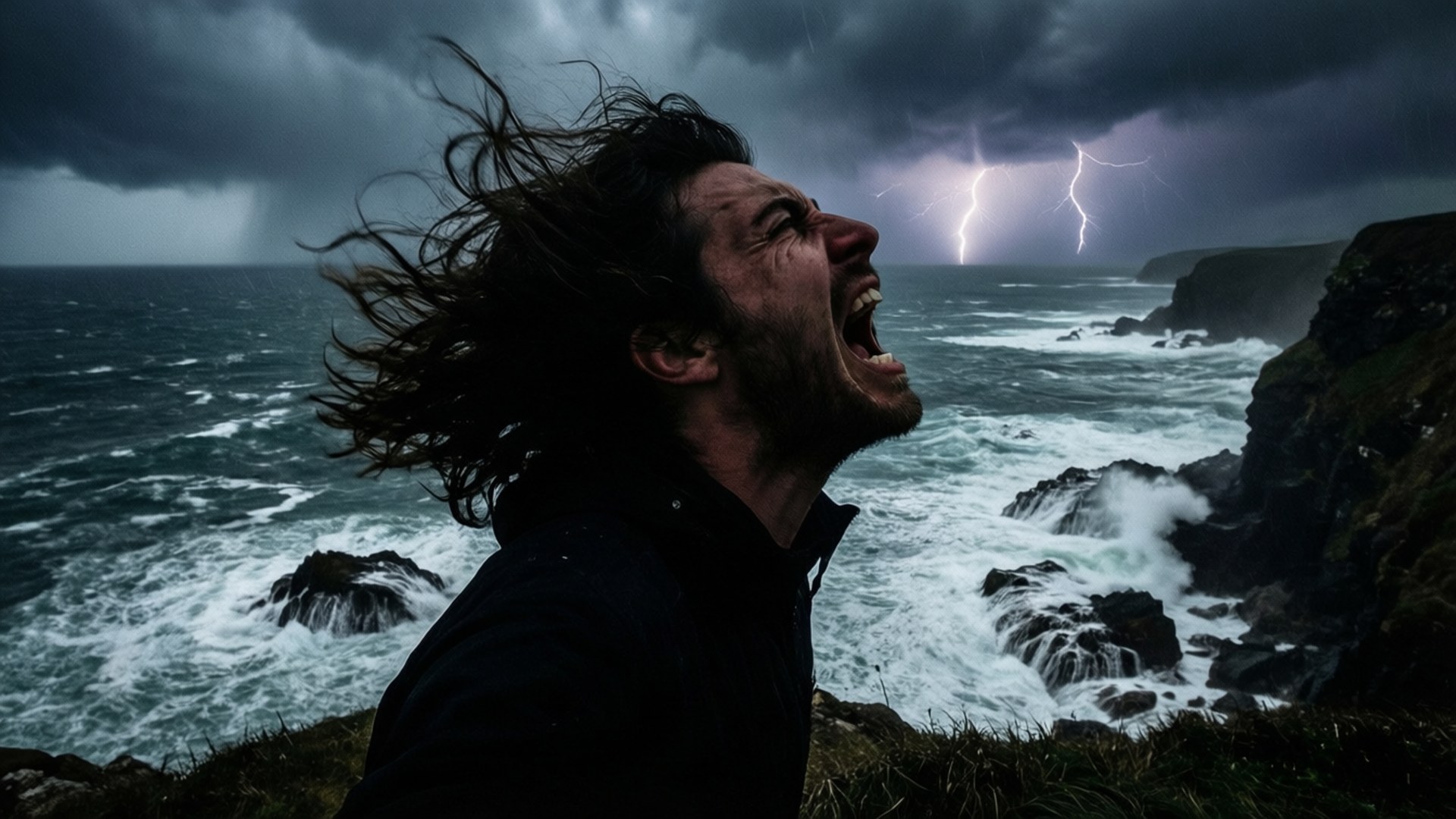Anguish 桌布 壁紙 — 一名男子在暴風雨中向波濤洶湧的大海吶喊，閃電劃過崎嶇的懸崖。