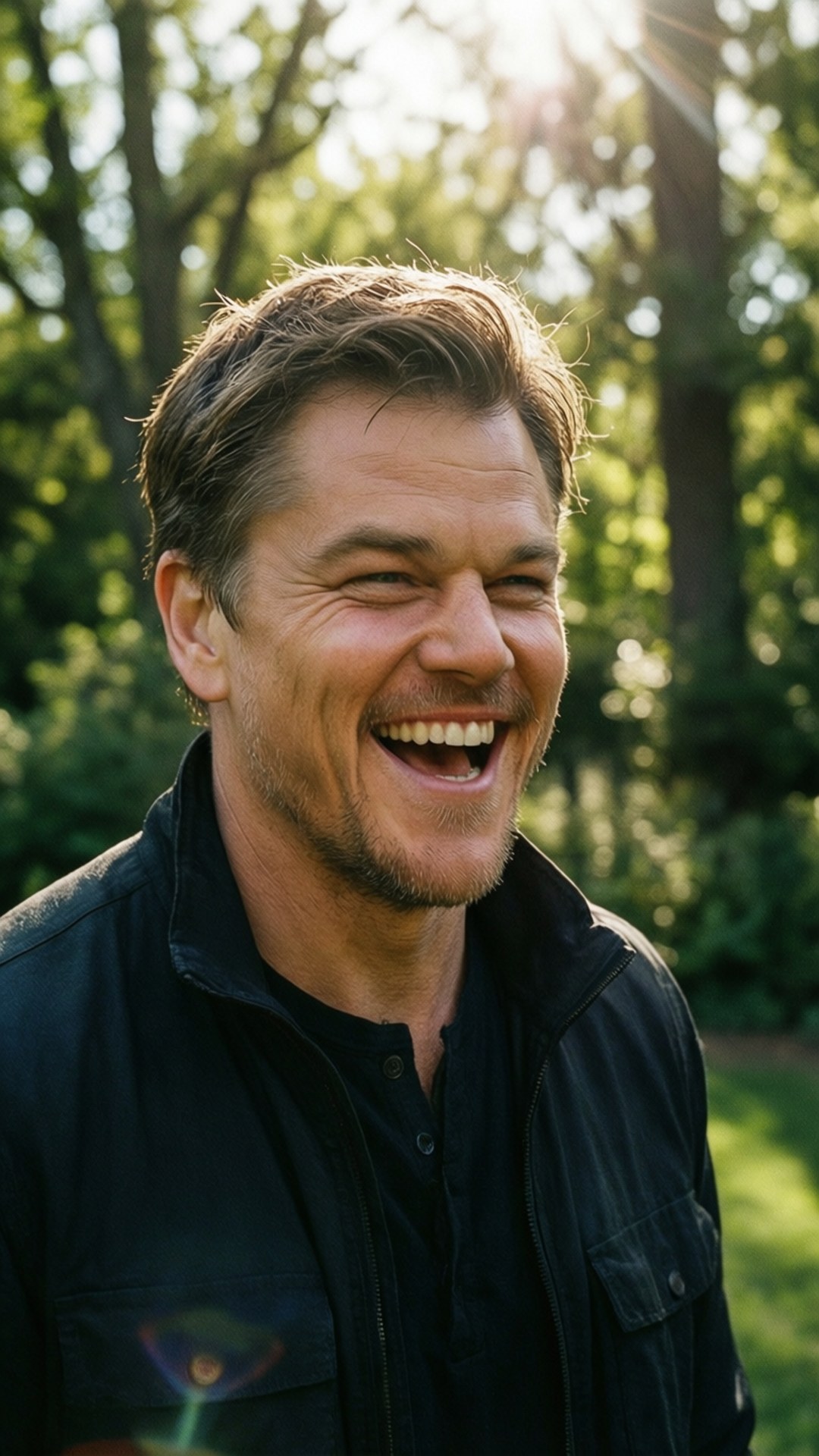 Matt Damon 桌布 壁紙 — 一名男子在戶外開懷大笑，陽光穿過他身後的樹木灑落下來。