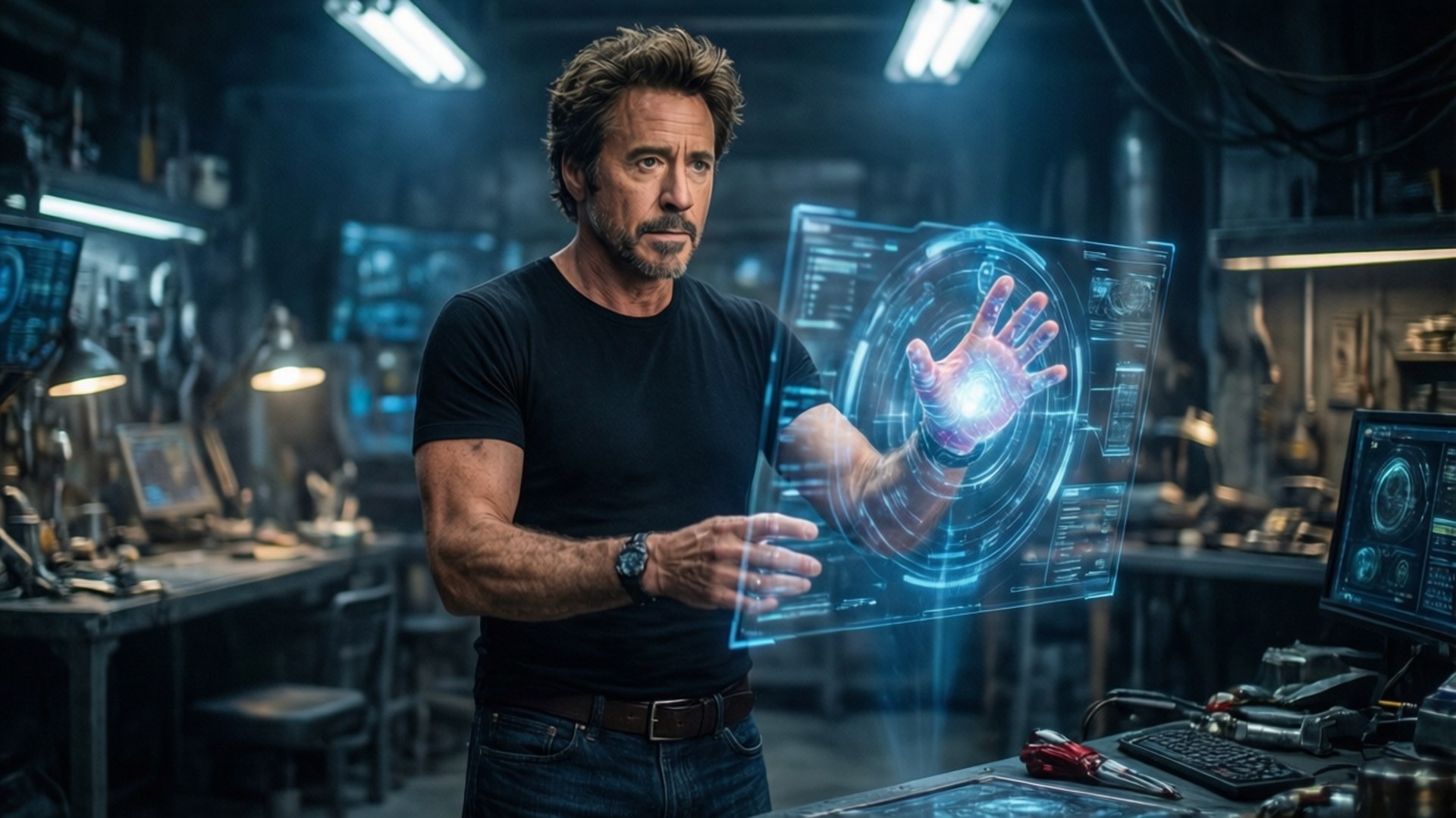 Tony Stark in Workshop 壁紙 — 一名男子在昏暗的工作室中與顯示圓形數據的發光藍色全息界面互動。