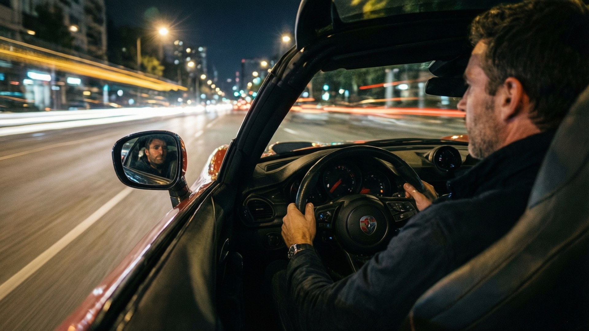 Night Drive 壁紙 — 一名男子在夜間駕駛紅色敞篷車，城市燈光在後視鏡中掠過。