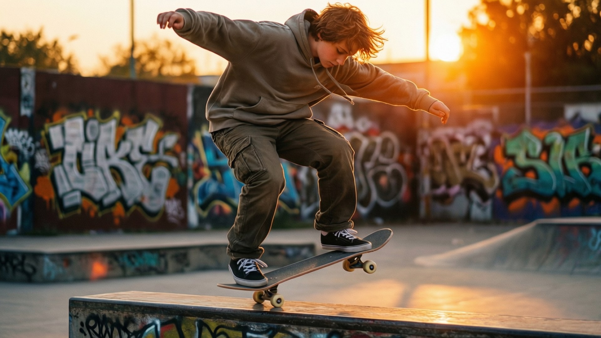 Golden Hour Kickflip 壁紙 — 一名年輕滑板手在日落時分在欄杆上保持平衡，塗鴉牆壁在溫暖的金色光芒中閃耀。