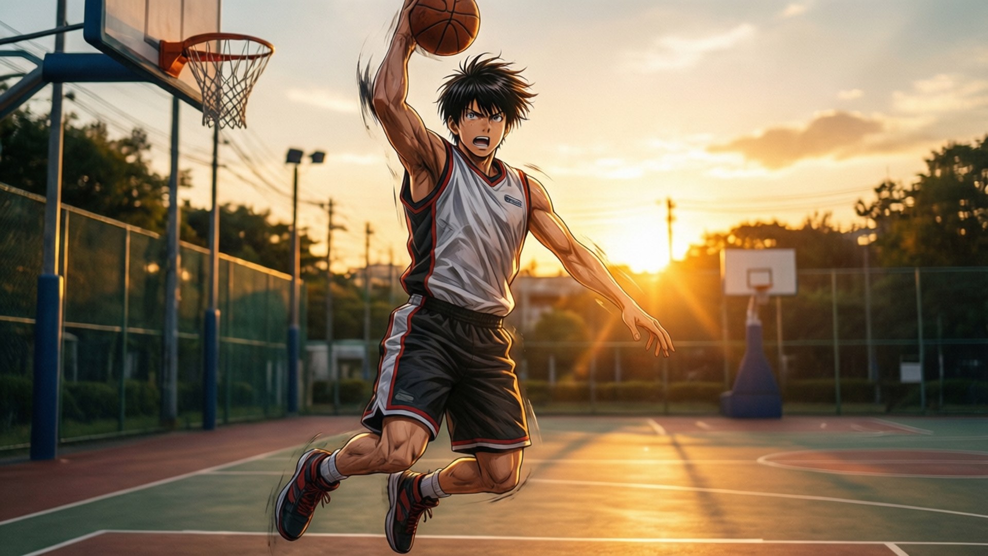 Ryu's Slam Dunk 壁紙 — 一名年輕籃球運動員在日落時分的戶外球場上躍起，準備以高度專注力灌籃。