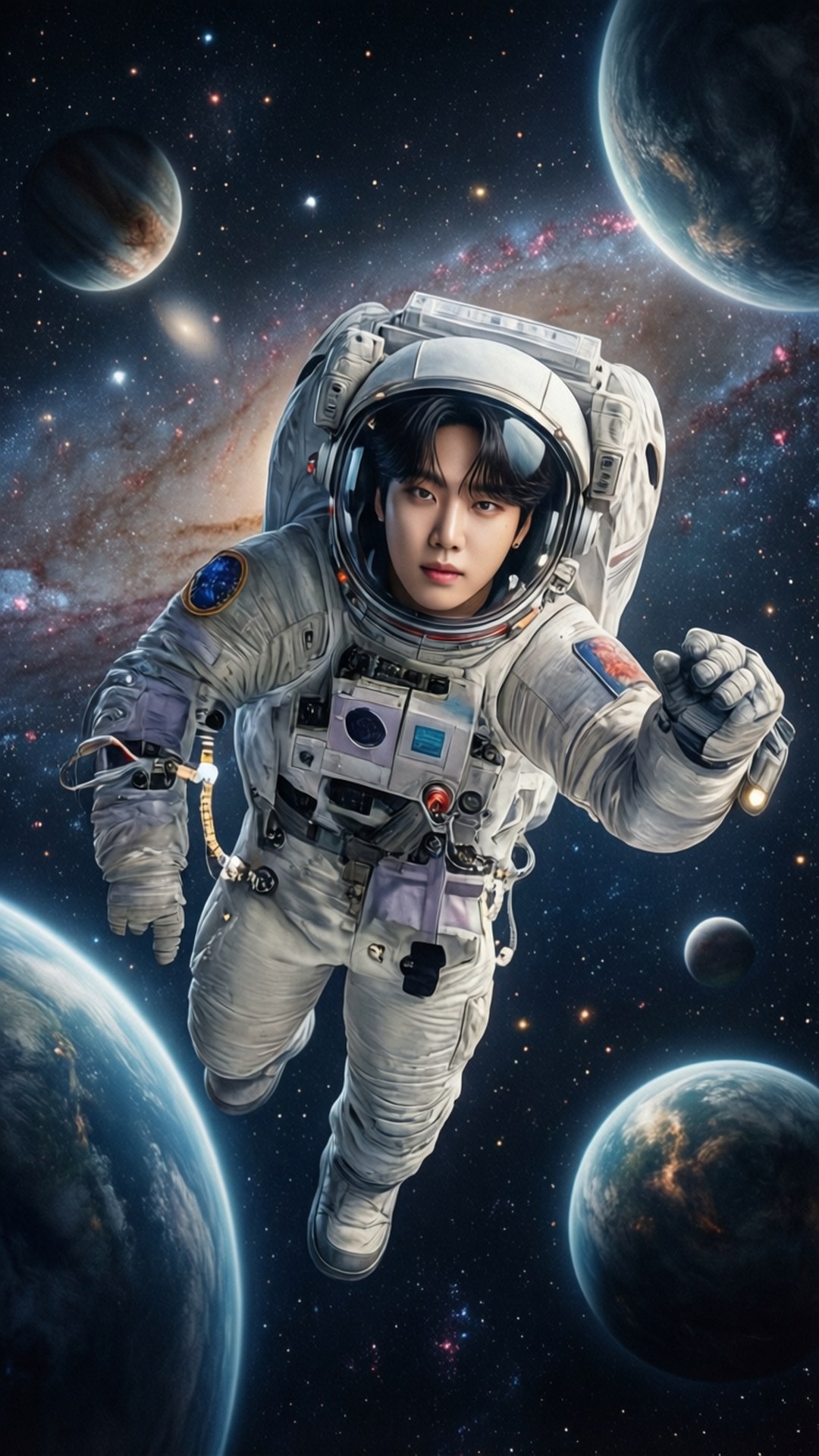 Space Explorer Jin 壁紙 — 一名年輕太空人穿著太空衣，在色彩繽紛的星雲和四個不同的行星之間漂浮，背景是星空。