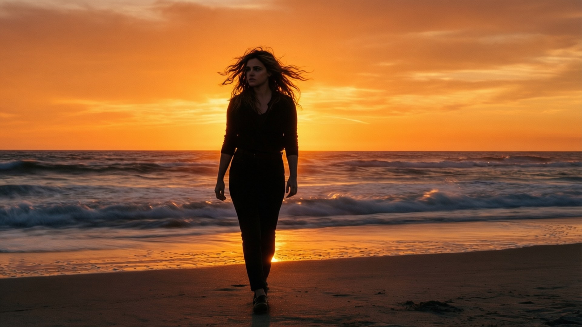Silhouette Beach Sunset 壁紙 — 一名女子在日落時沿著海灘漫步，她的剪影被火紅的橙色雲彩和拍岸的浪花框住。