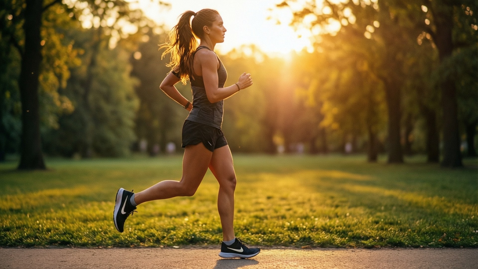 Golden Hour Run 壁紙 — 一名女子在陽光普照的公園小徑上奔跑，身後樹木間透出金色光芒。