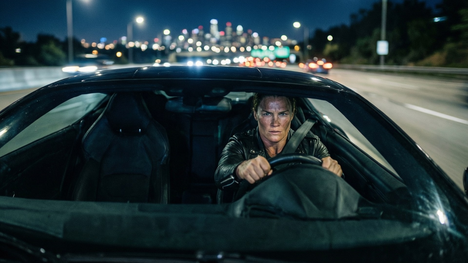Ronda Driving at Night 壁紙 — 一名女子在夜晚的城市霓虹燈光下緊握黑色敞篷車的方向盤。