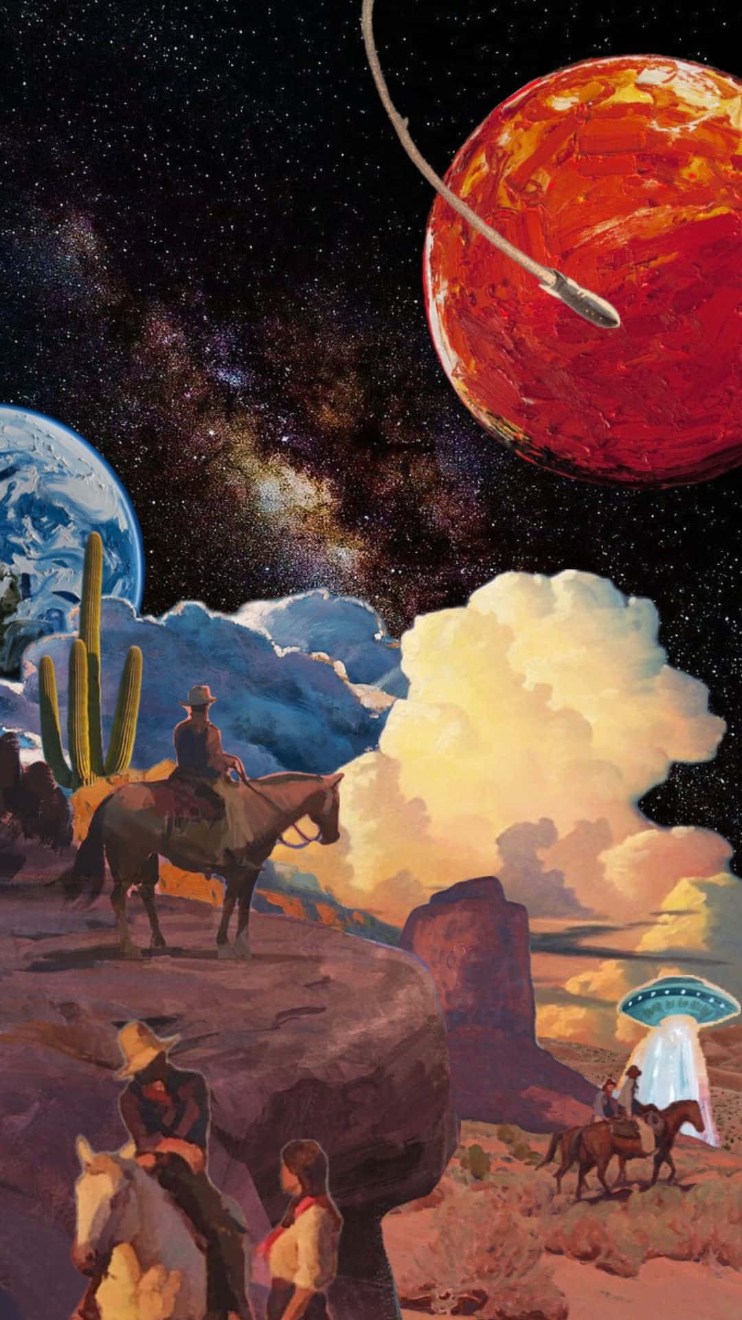  壁紙 — 一名騎馬的牛仔凝視著星空下超現實的沙漠景觀，天空中有一顆紅色行星和靠近地球盤旋的UFO。