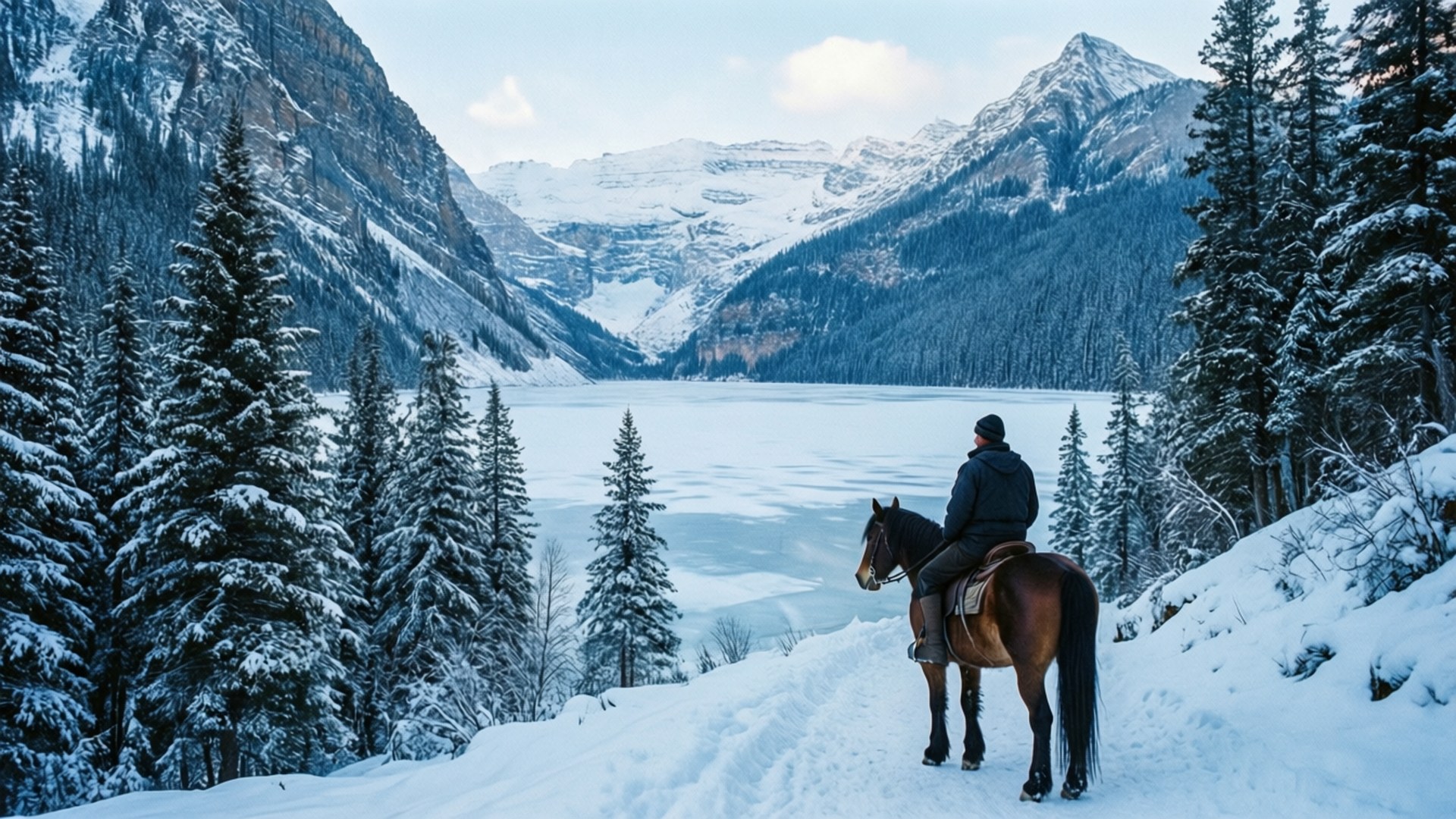 Frozen Frontier 壁紙 — 一名騎手騎著一匹棕馬站在雪徑上，俯瞰著被白雪覆蓋的松樹和高聳山脈環繞的冰凍湖泊。