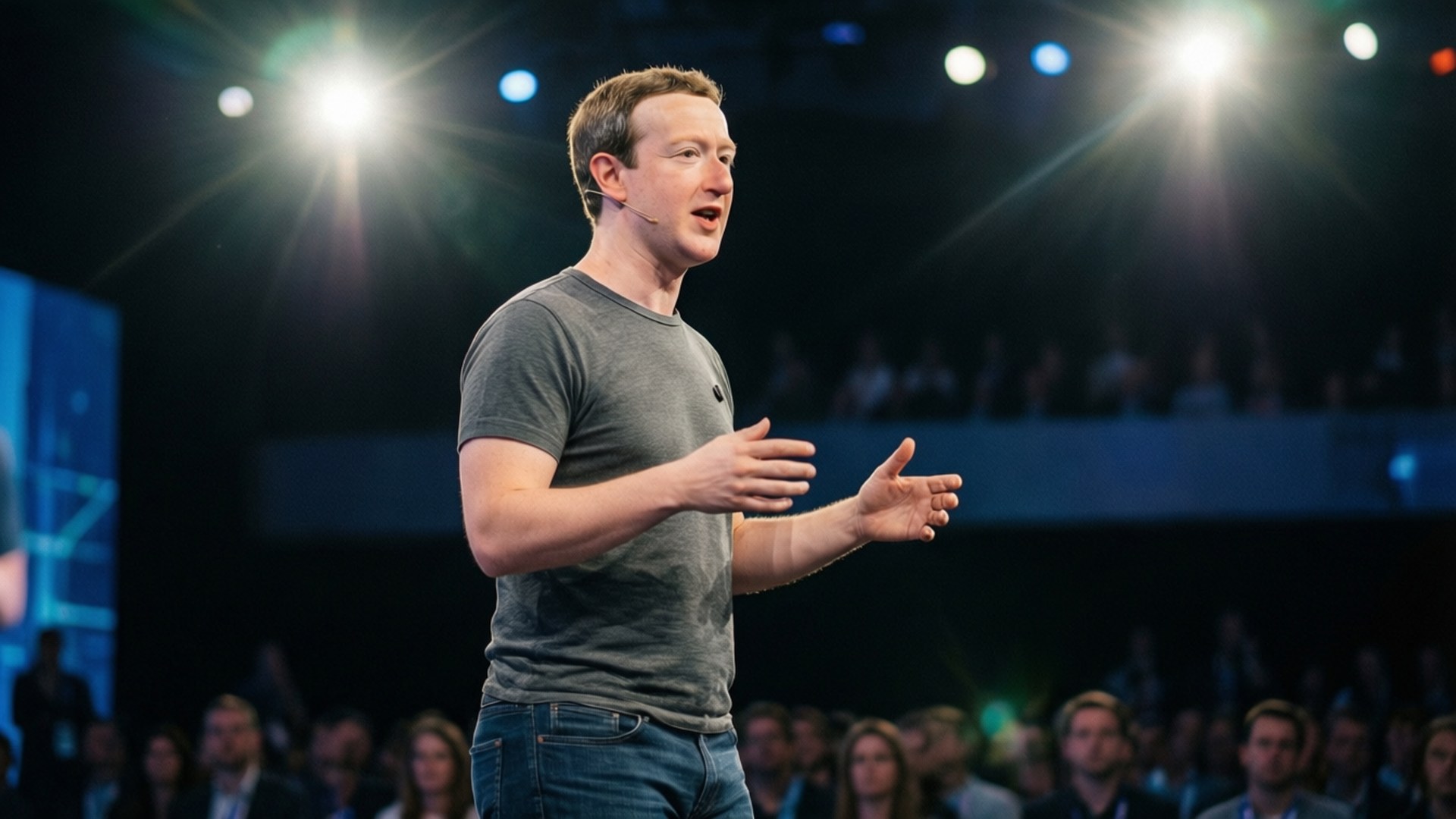 Zuckerberg Keynote Speaker 壁紙 — 一名身穿灰色T恤和牛仔褲的男子在明亮的舞台上對著觀眾說話並做手勢。