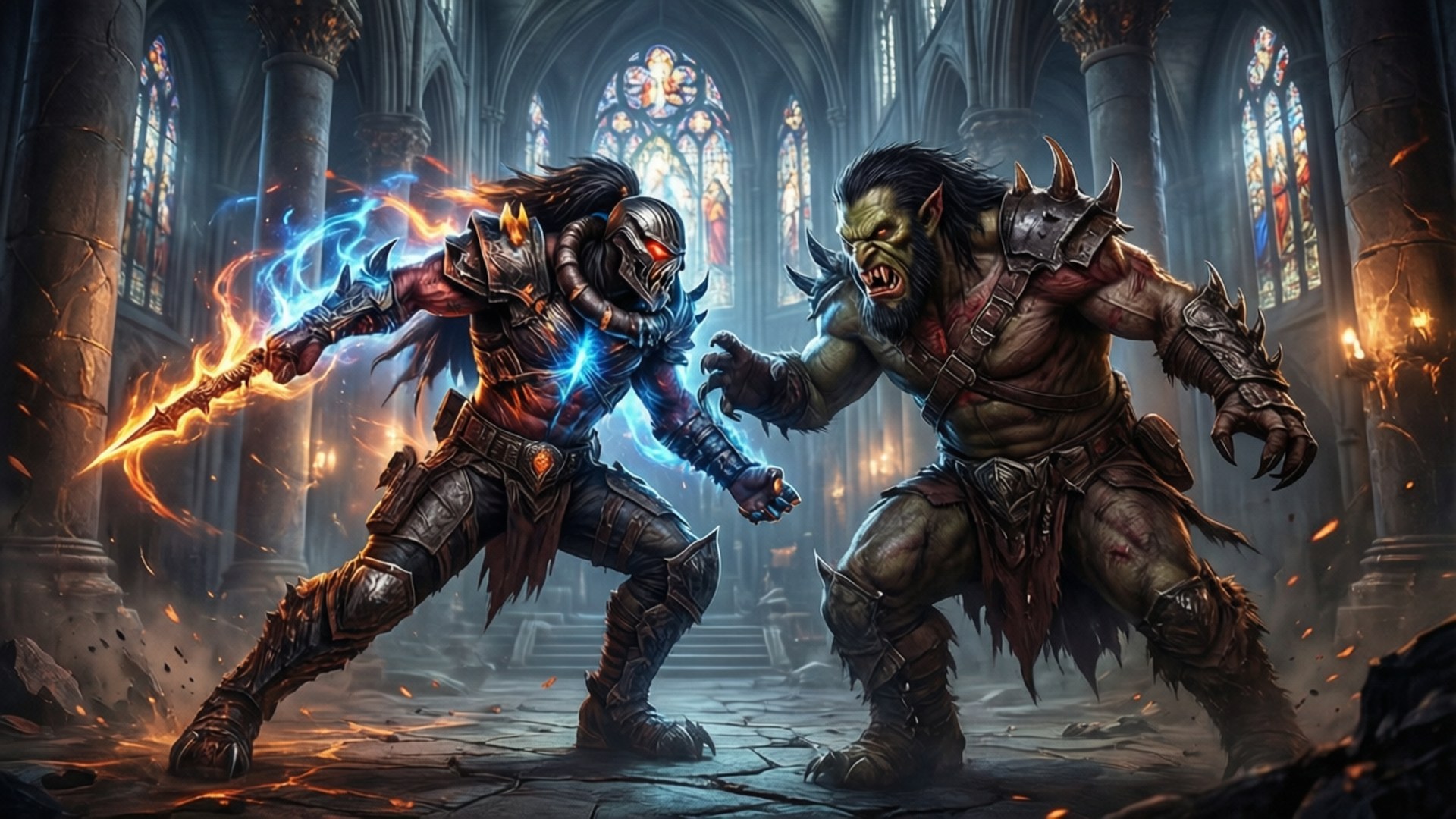 Clash in the Cathedral 壁紙 — 一名身穿鎧甲的戰士在擁有彩繪玻璃窗的哥德式大教堂中揮舞著發光的劍對抗一隻怪物般的獸人。
