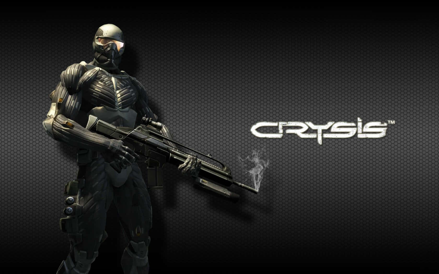  壁紙 — 一名身穿未來裝甲的士兵在深色六邊形背景前持步槍，Crysis標誌發光。