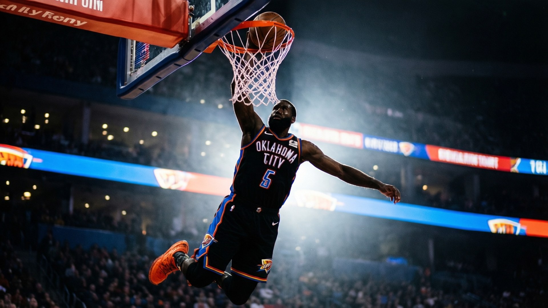 Dunk in Silence 壁紙 — 一名身穿奧克拉荷馬城球衣的籃球運動員在燈光明亮的場館中單手灌籃。