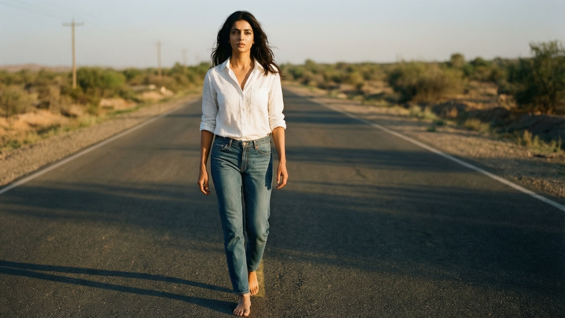 Minimalist Road Walk 壁紙 — 一名身穿白襯衫和藍色牛仔褲的女人在黃金時段赤腳走在長長的空曠沙漠道路上。