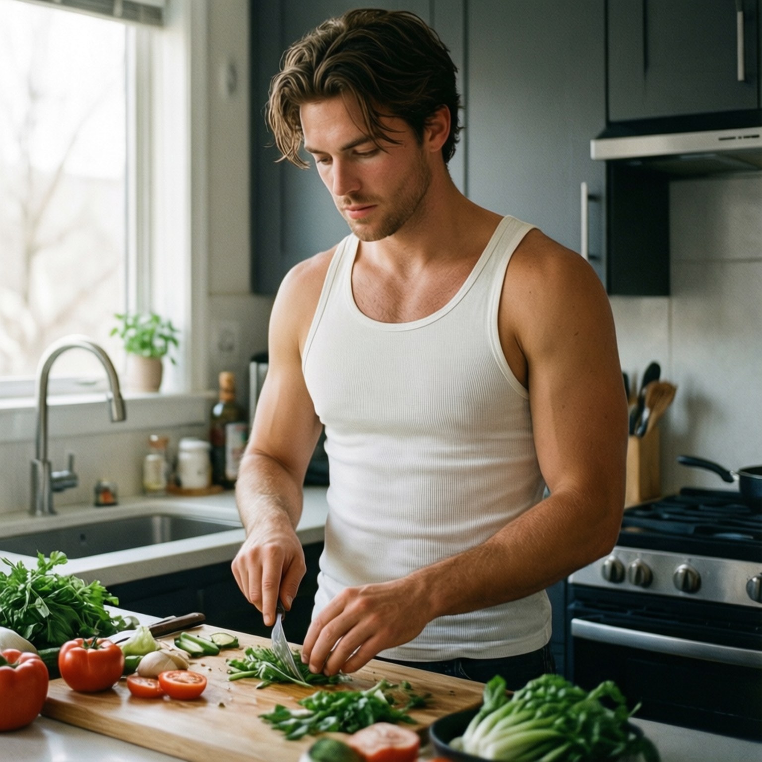 Kitchen Candid 壁紙 — 一名身穿白色背心的男子在現代廚房的木製砧板上切新鮮蔬菜，自然光照射進來。