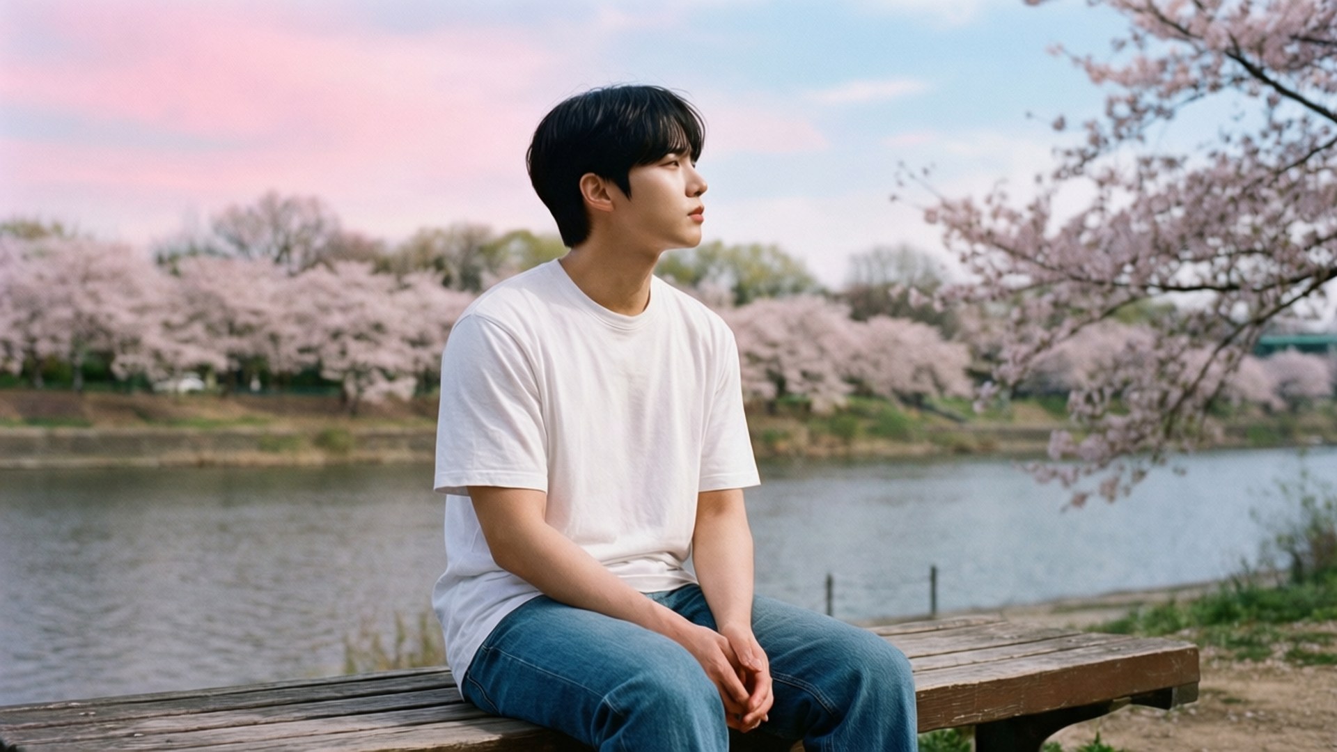 Nam Joo-hyuk 桌布 壁紙 — 一名身穿白色T恤的年輕男子在日落時分坐在河邊的木長椅上，上方是粉紅色的櫻花。