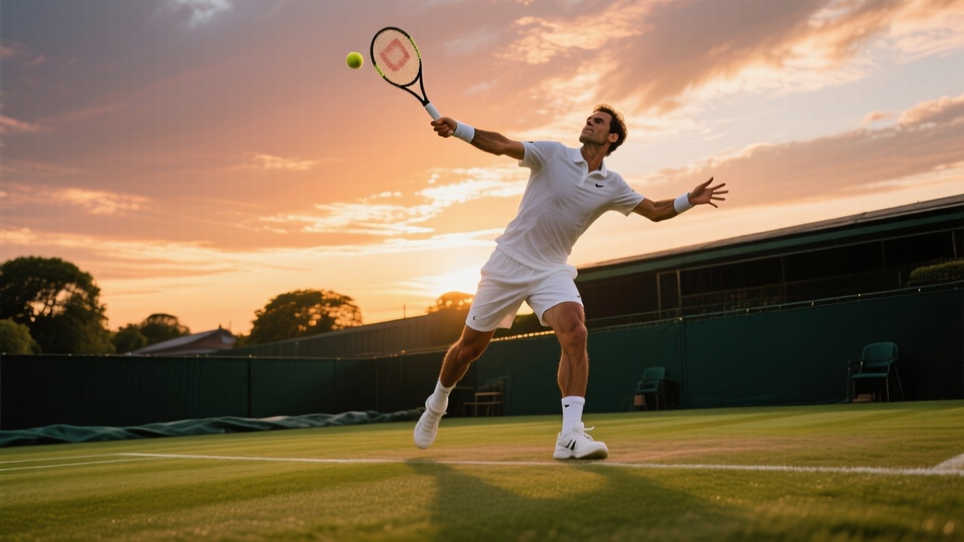 Wimbledon Sunset Serve 壁紙 — 一名身穿白色網球服的球員在草地上跳起，用球拍擊球，背景是日落天空。