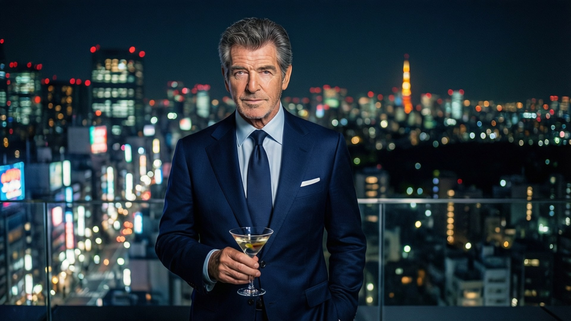 pierce brosnan 桌布 壁紙 — 一名身穿筆挺海軍藍西裝的男子，在璀璨的東京夜景天際線前手持一杯馬丁尼。