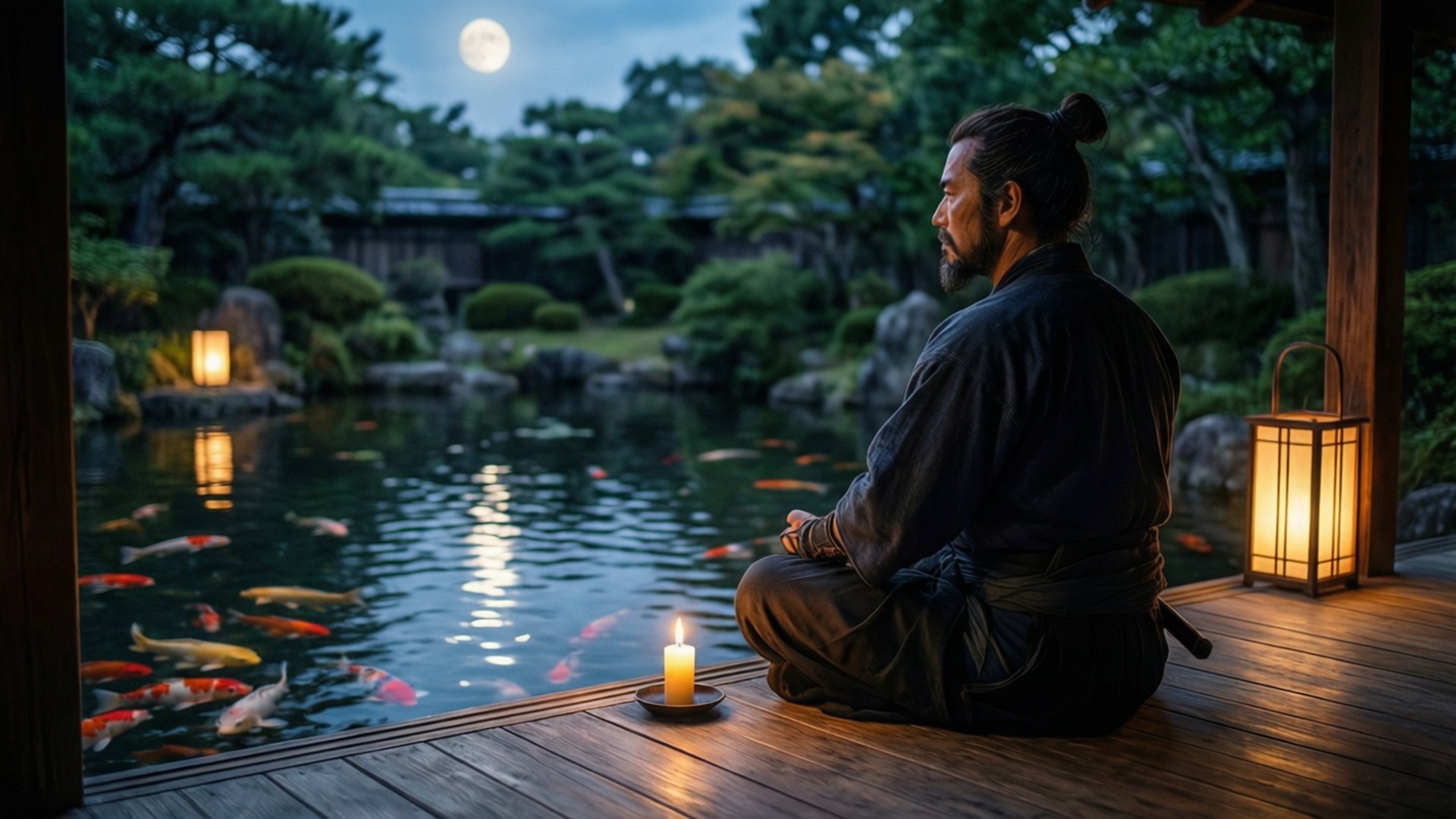 Ronin 桌布 壁紙 — 一名身穿傳統長袍的男子在黃昏時分盤腿坐在木甲板上，凝視著月光照耀的池塘中游動的錦鯉，周圍環繞著茂密的綠植。