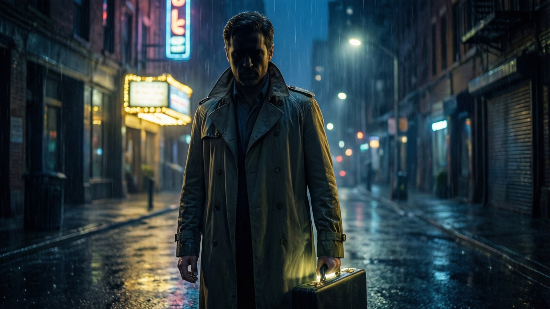 Remedy Entertainment 桌布 壁紙 — 一名身穿風衣的男子在夜晚提著手提箱，走在濕漉漉的霓虹燈城市街道上。