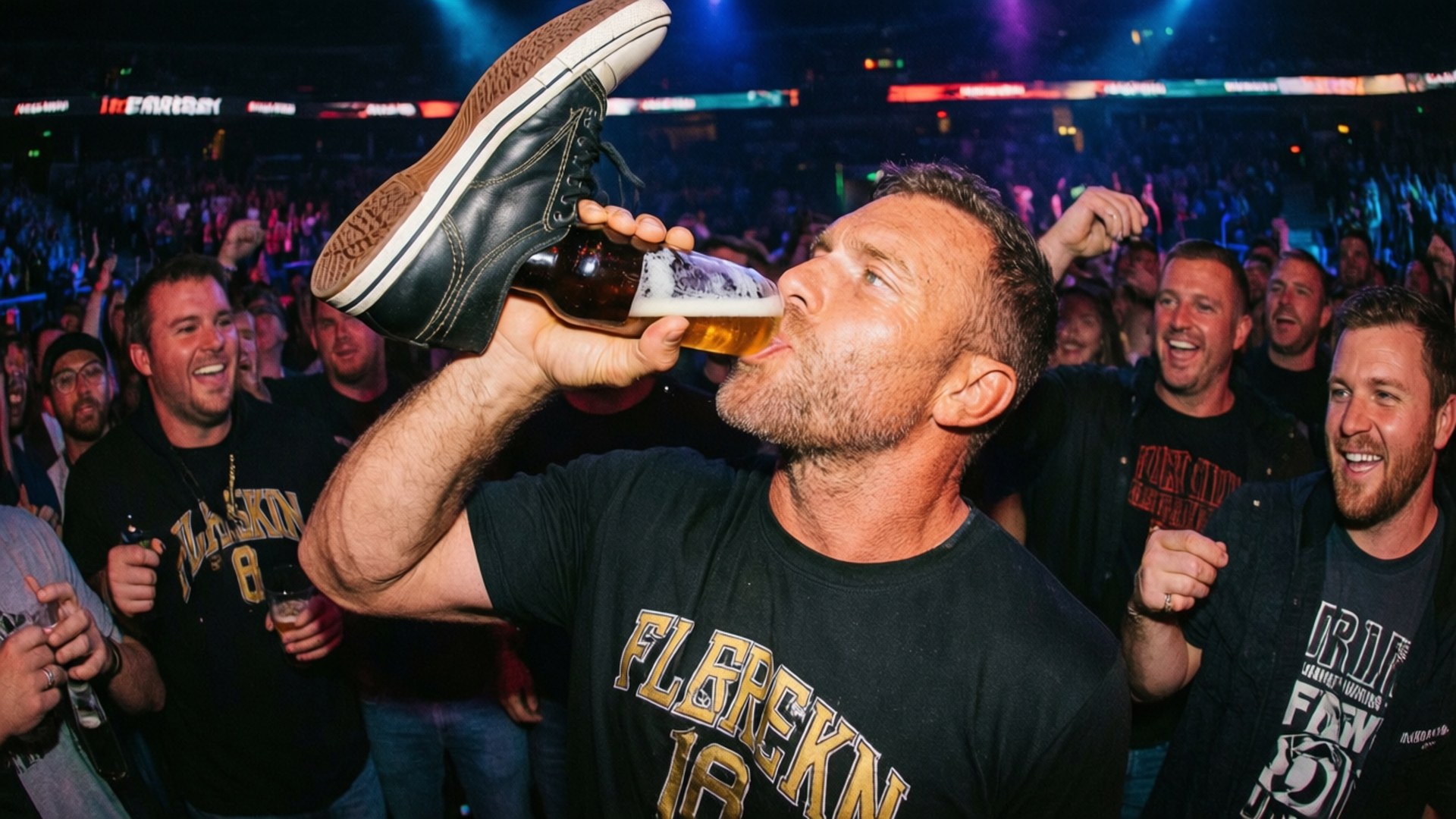 Shoey Celebration 壁紙 — 一名身穿黑色T恤的男子在擠滿人群的音樂會上，在色彩繽紛的舞台燈光下喝啤酒，同時將運動鞋平衡在瓶子上。