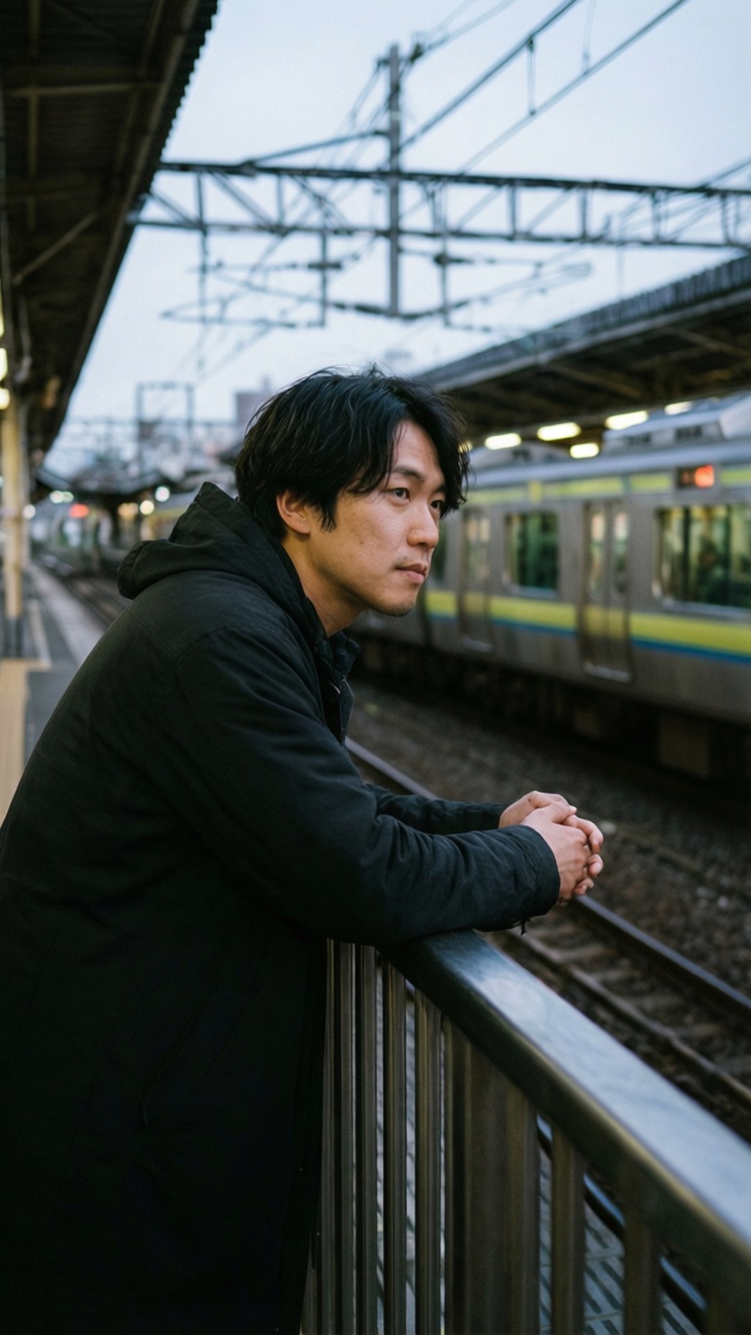 Station Wait 壁紙 — 一名身穿黑色外套的男子在火車站倚靠欄杆，一列銀色火車在架空電纜下駛過。
