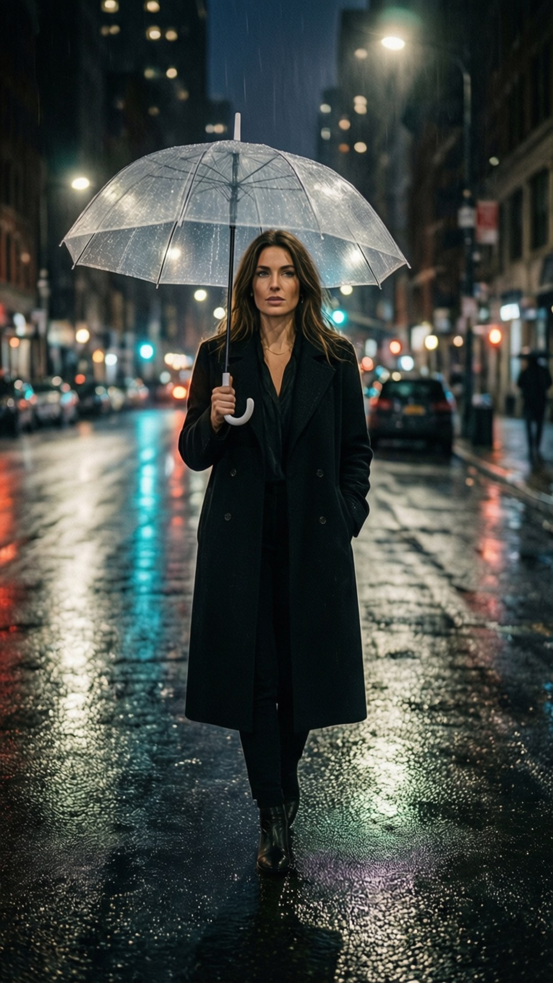 Rainy Night Stroll 壁紙 — 一名身穿黑色外套的女子在夜間撐著透明雨傘，走過被雨水浸濕的城市街道，濕漉漉的人行道上反射著閃爍的路燈。