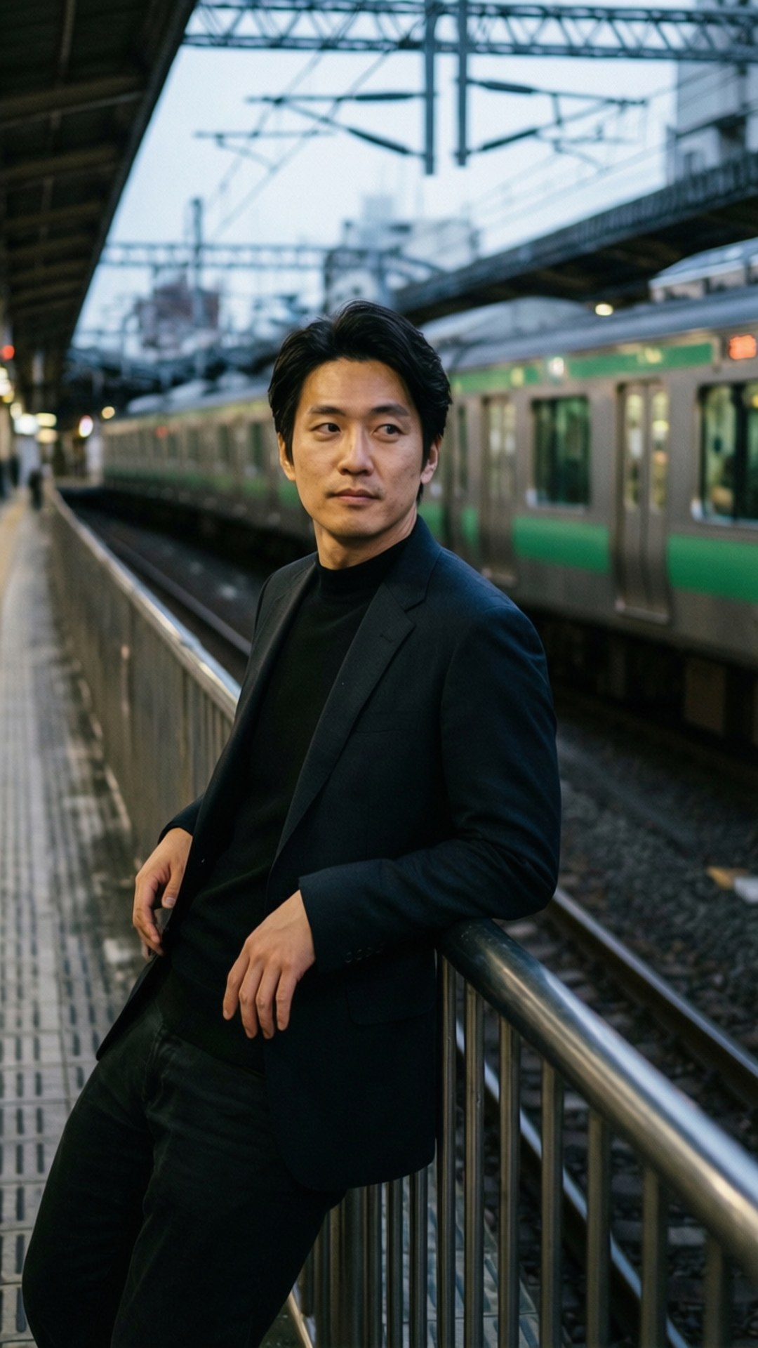 Station Wait 壁紙 — 一名身穿黑色西裝的男子靠在火車站的欄杆上，一列綠色和銀色的火車在傍晚駛過。