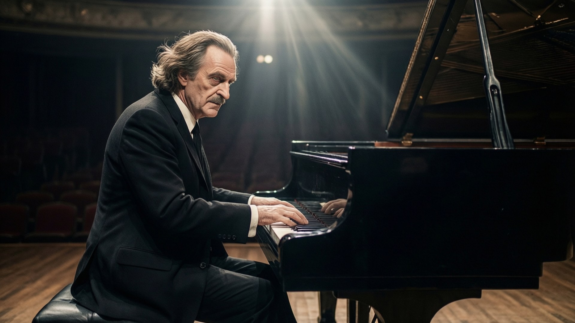 Piano Maestro 壁紙 — 一名身穿黑色西裝的男子在空蕩蕩的劇院中，在戲劇性的舞台燈光下彈奏三角鋼琴。