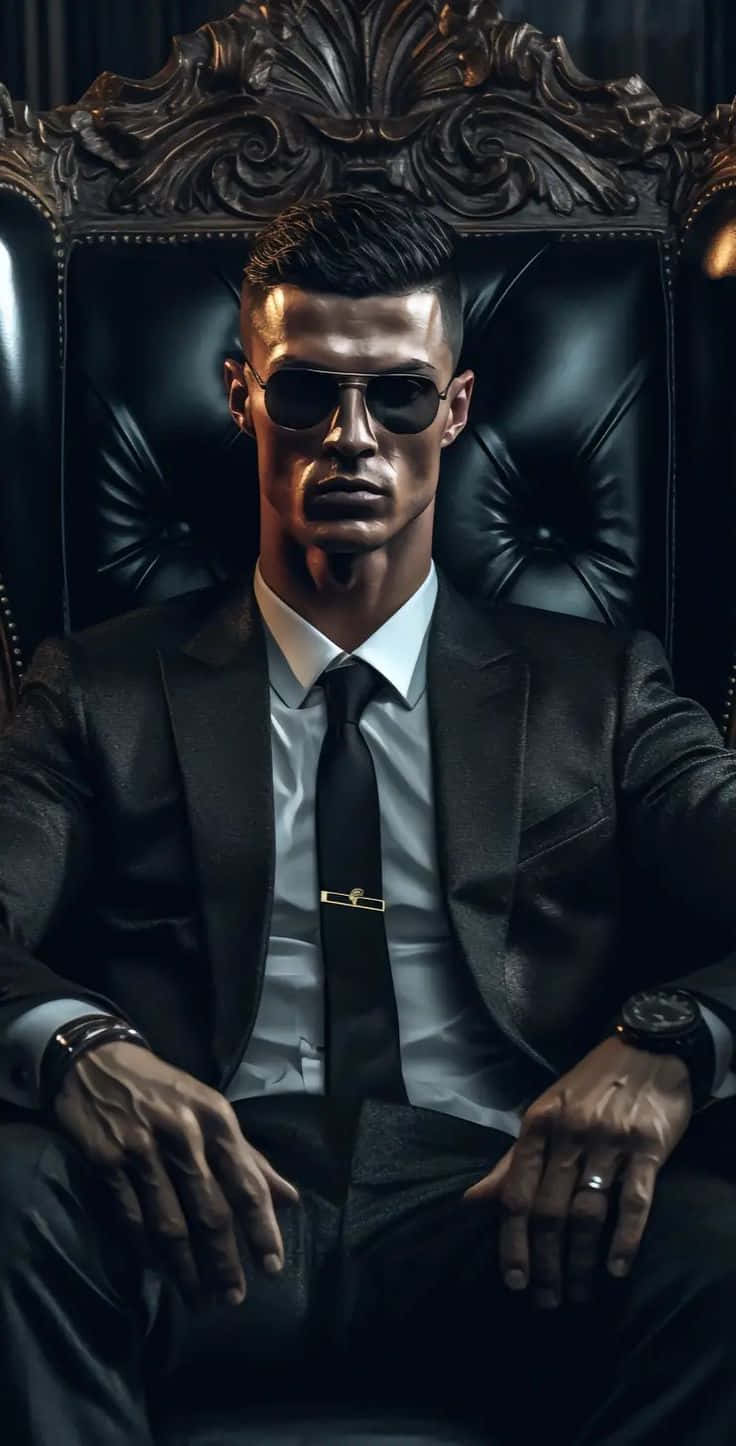  壁紙 — 一名身穿黑色西裝和太陽眼鏡的男子，在戲劇性的燈光下，威嚴地坐在一張華麗的皮革寶座上。