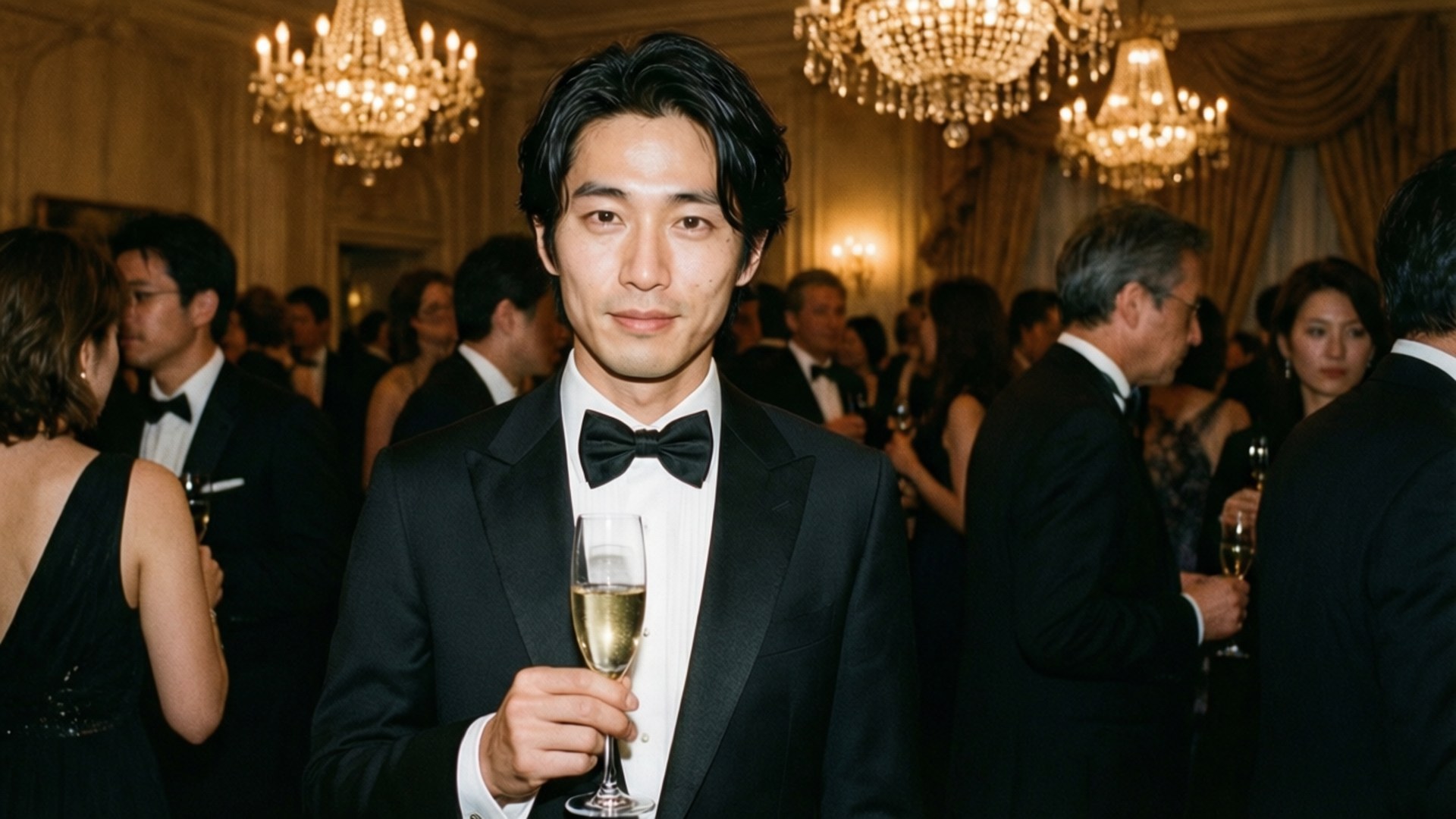 Rich and Famous 壁紙 — 一名身穿黑色燕尾服的男士在閃爍的水晶燈下，於優雅的晚會中手持香檳杯。