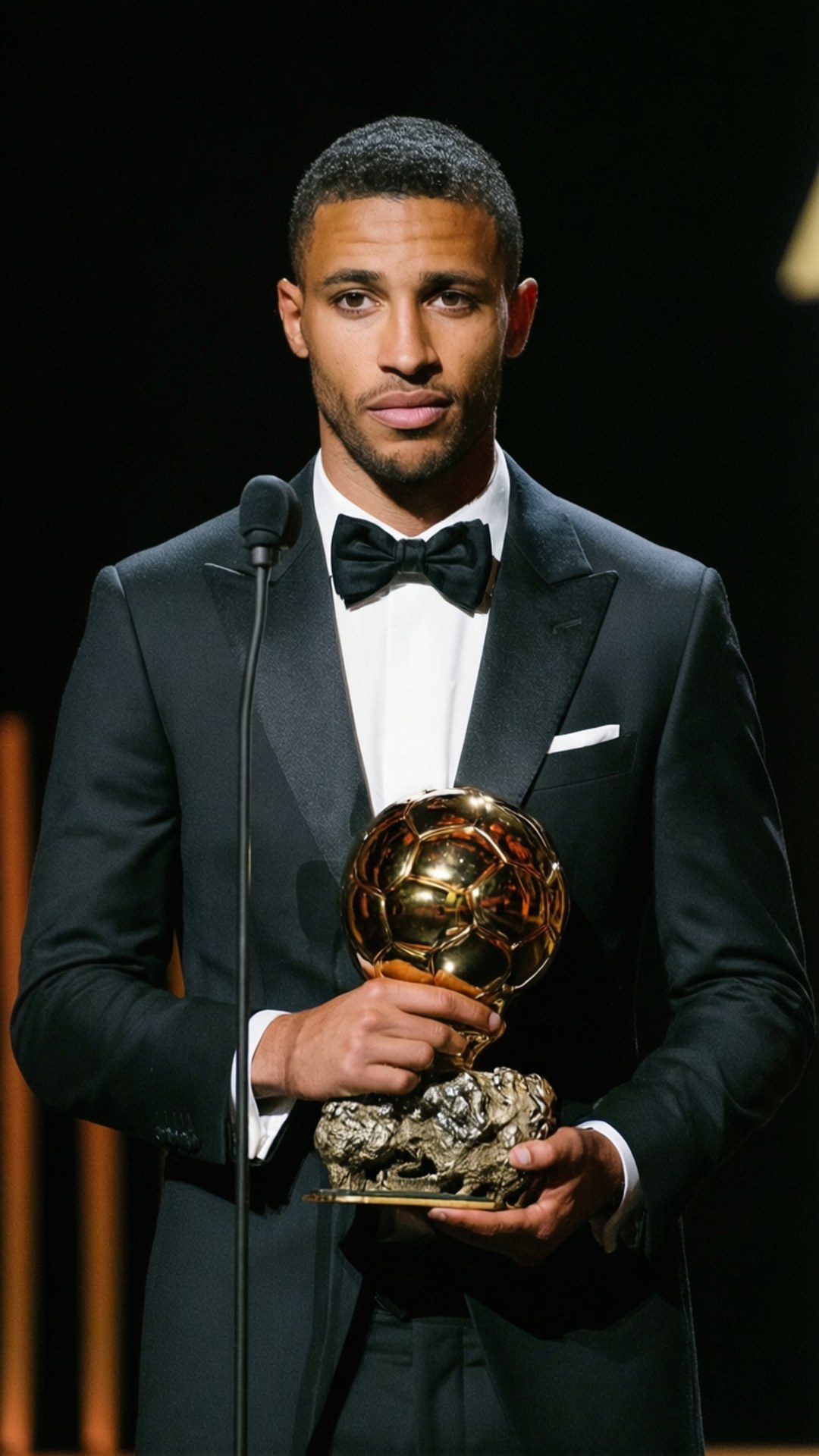 Ballon d'Or Winner 壁紙 — 一名身穿黑色燕尾服的男子在聚光燈下的舞台上手持金色足球獎盃。