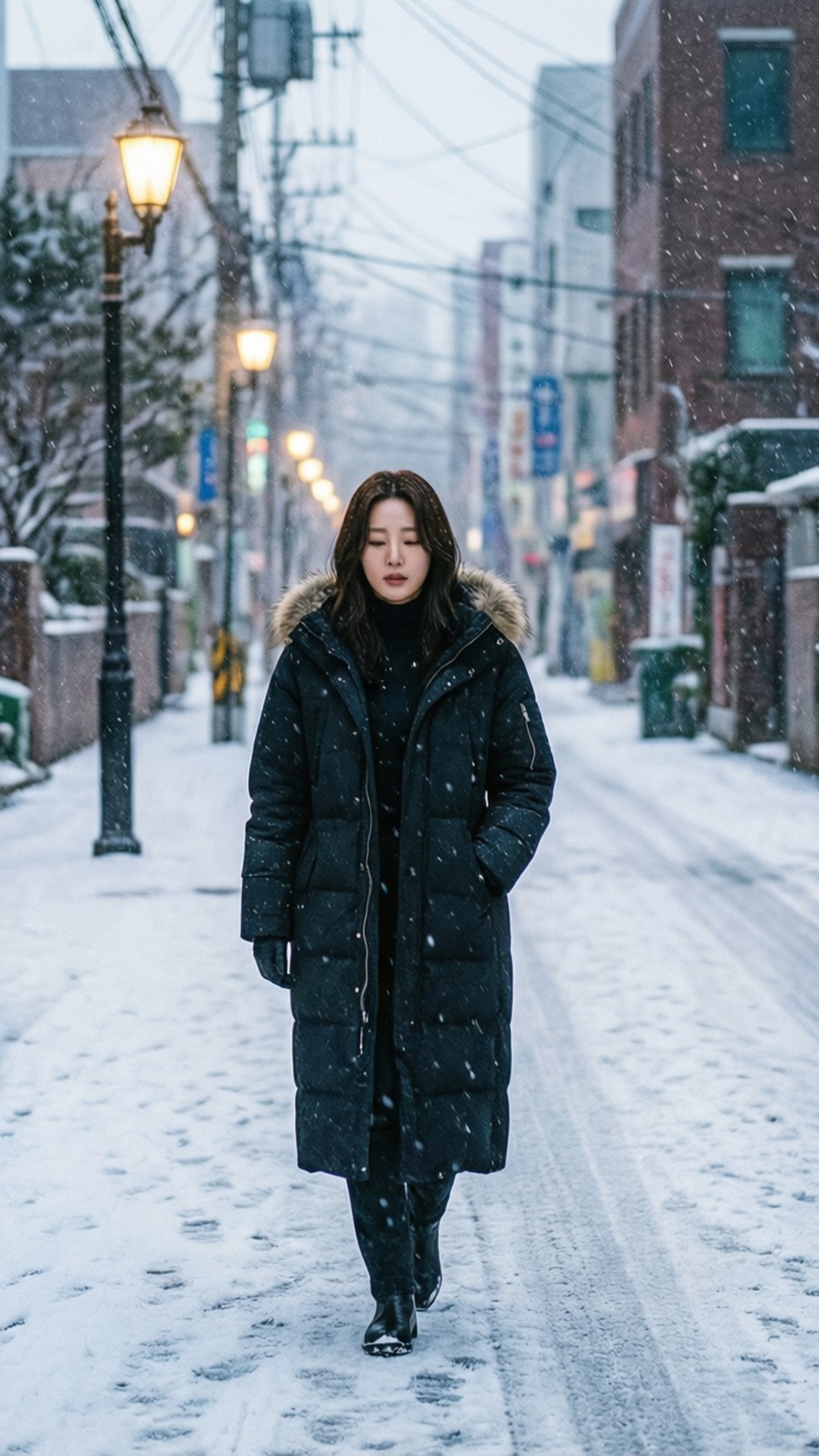 Winter Stroll 壁紙 — 一名身穿黑色羽絨外套的女子獨自走在積雪的都市街道上，溫柔的雪花在她周圍飄落。