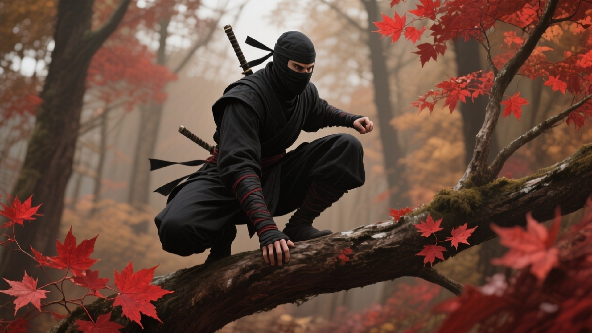 Autumn Ninja Assassin 壁紙 — 一名身穿黑色裝備的忍者蹲在長滿苔蘚的樹枝上，周圍是霧氣瀰漫的秋林中鮮紅的楓葉。