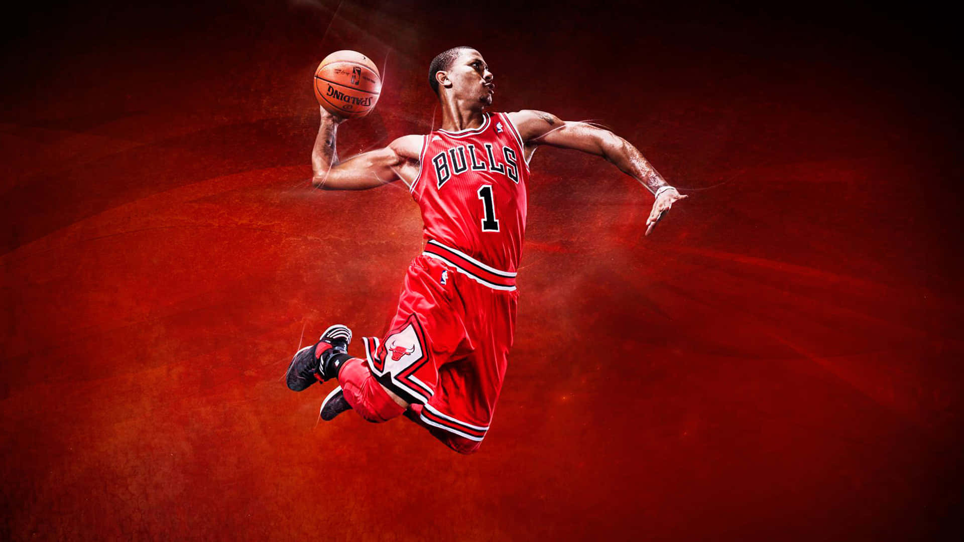 運動型籃球運動員在半空中身穿紅色公牛隊制服持球。 — NBA 壁紙