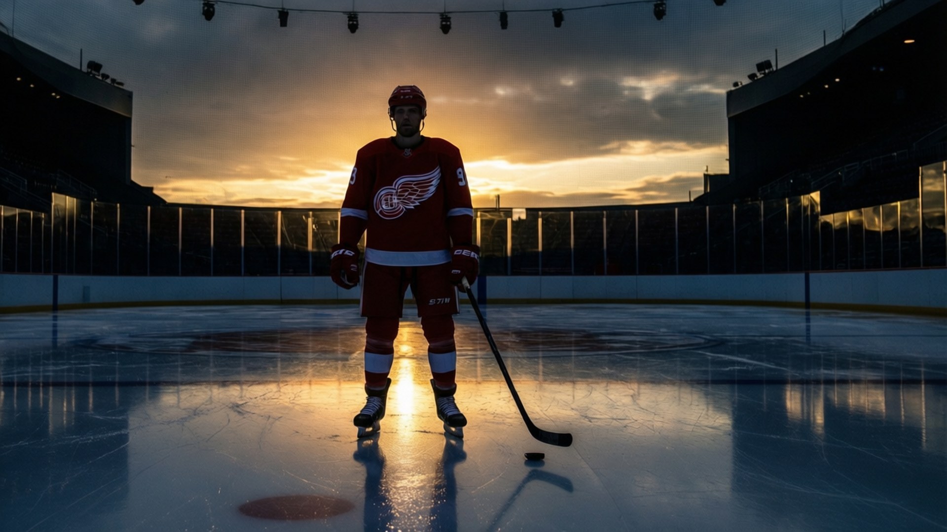 Solitary Skater 壁紙 — 一名身穿紅色球衣的曲棍球運動員獨自站在冰場上，夕陽西下，天空倒影壯麗。