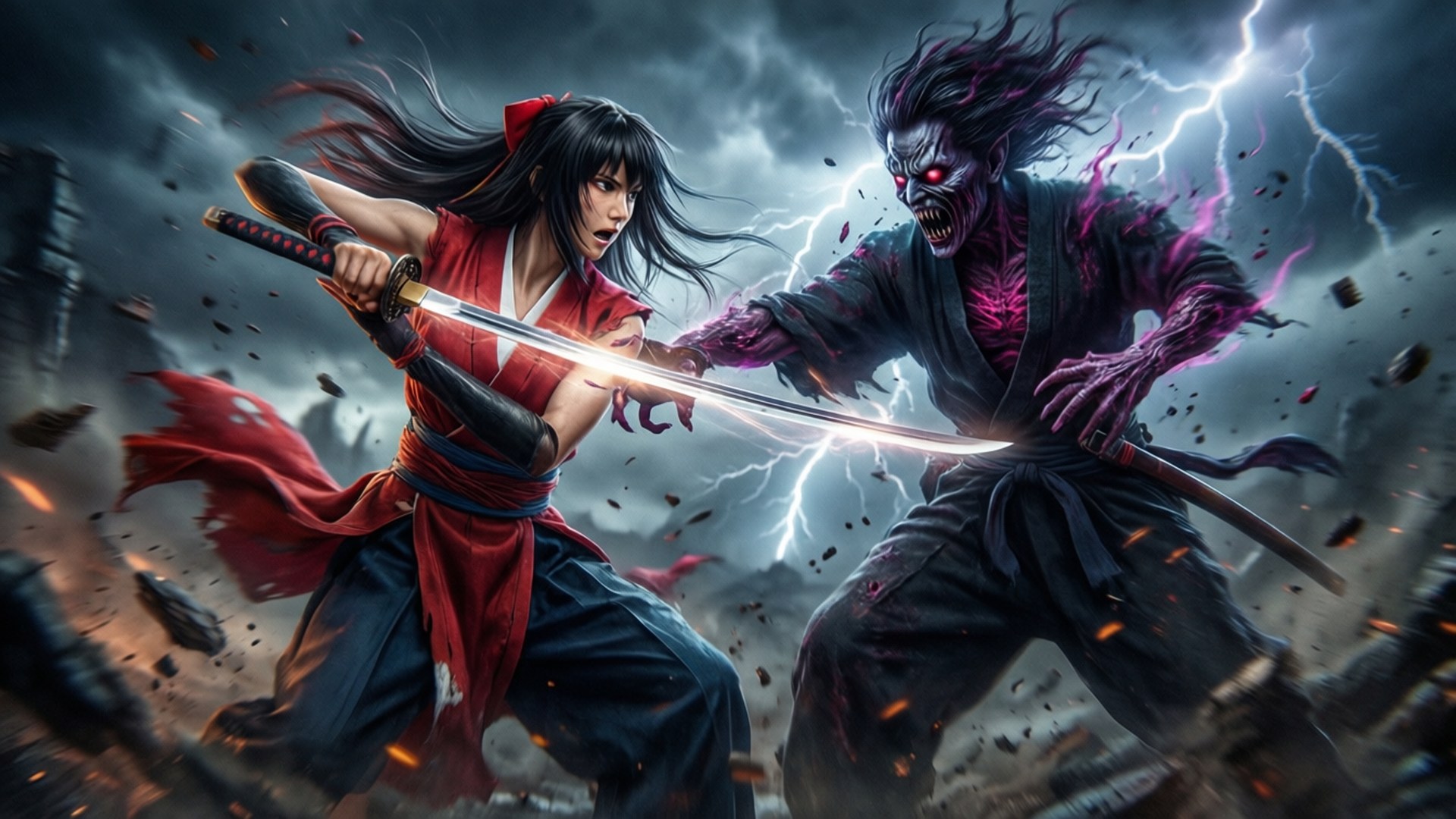 Kasumi Miwa 桌布 壁紙 — 一名身穿紅衣的兇猛武士在雷電交加的暴風雨天空下與怪物般的惡魔交鋒。