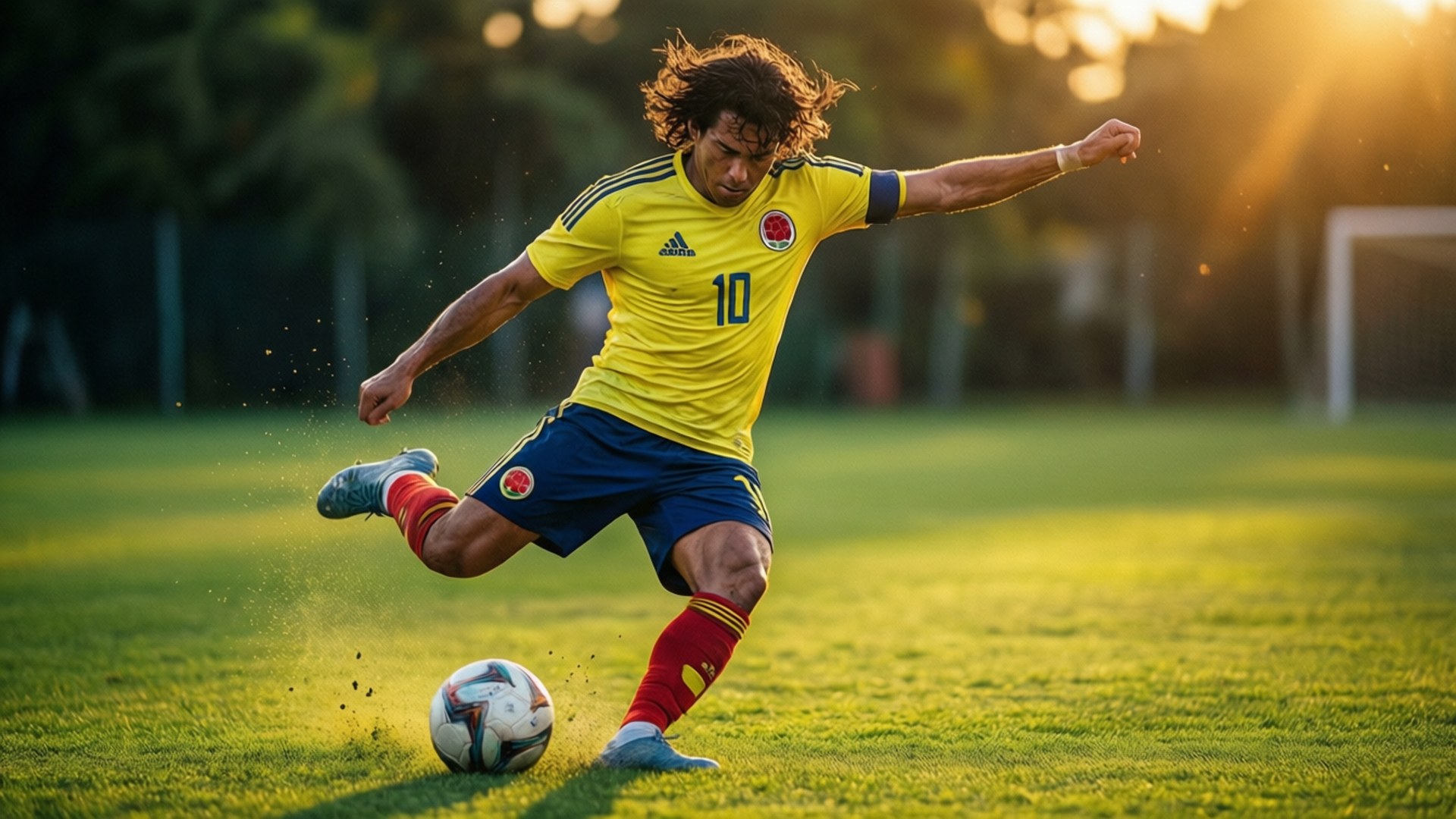 Colombian Star in Action 壁紙 — 一名身穿黃色10號球衣的哥倫比亞足球員在陽光照耀的草地上踢球，背景有金色逆光。