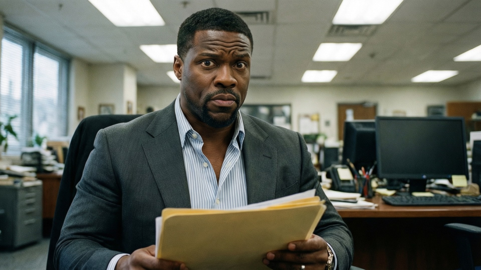 Central Intelligence Agent 壁紙 — 一名身穿灰色西裝的男子坐在辦公桌前，手持黃色資料夾，表情震驚。